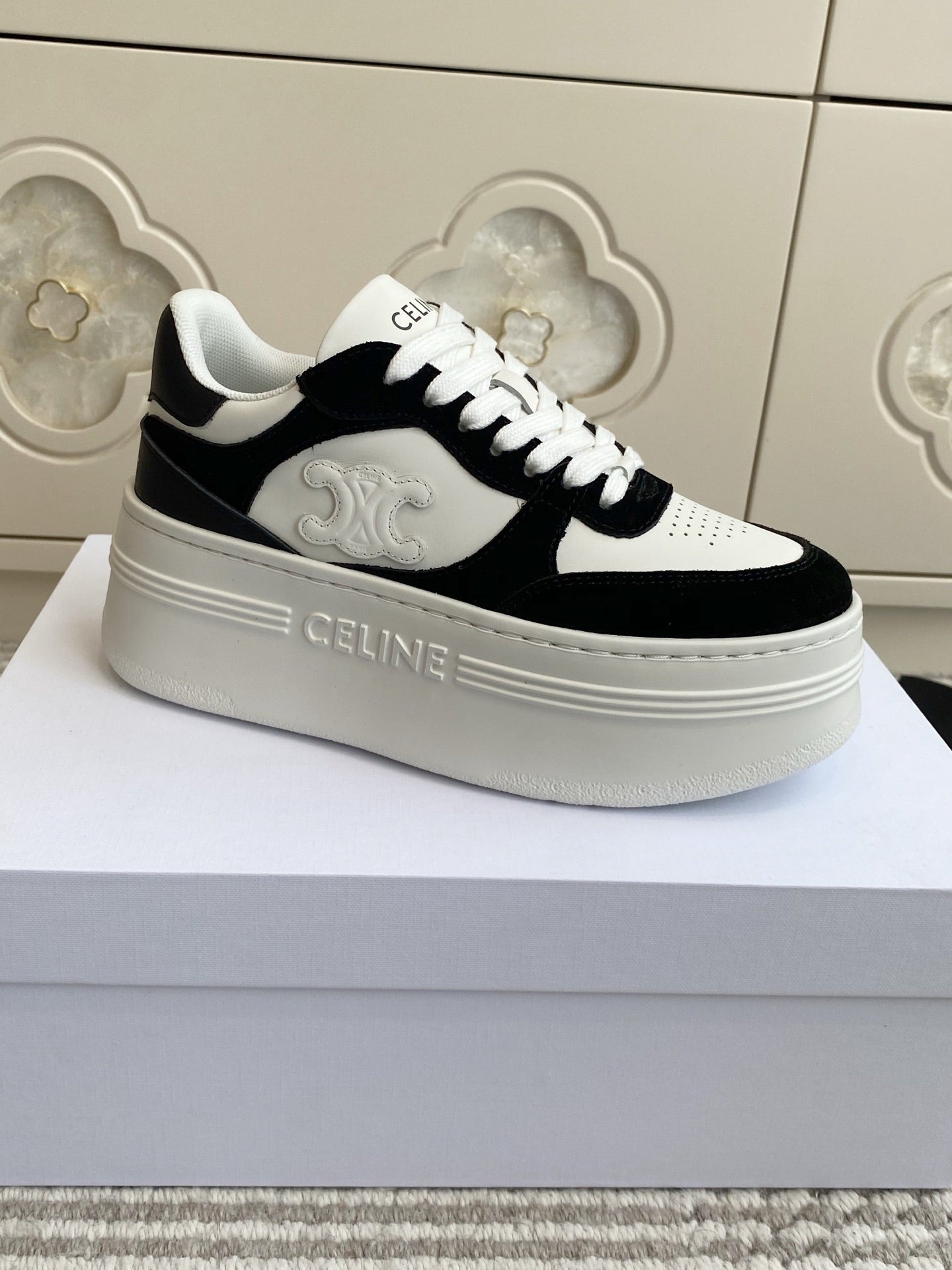 CELINE 26S WEDGE SNEAKERS 50MM IN WHITE CALFSKIN AND BLACK SUEDE