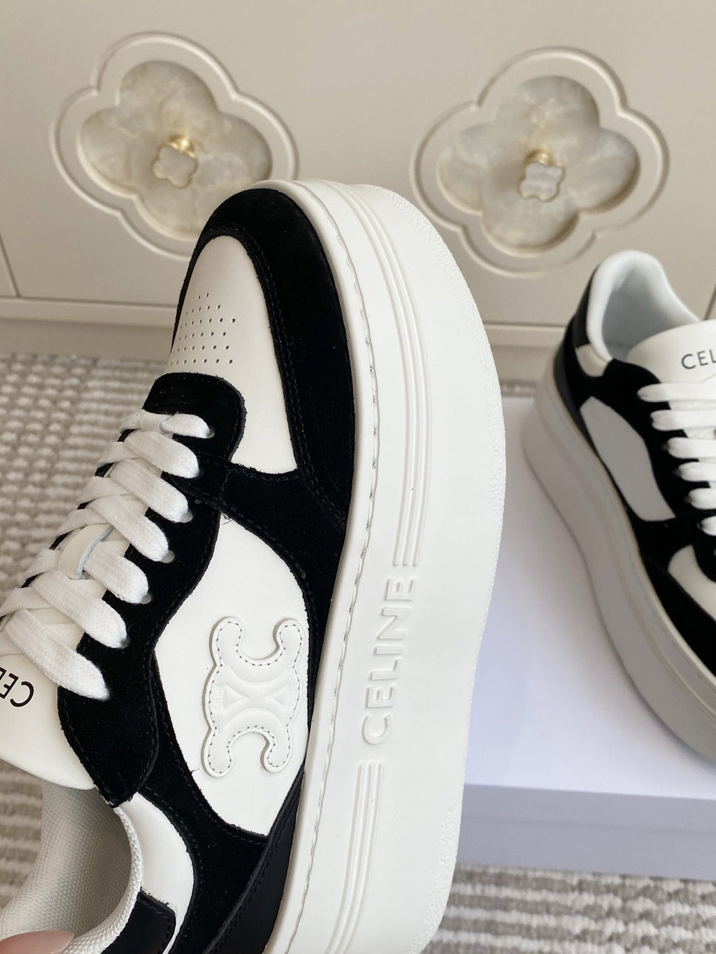 CELINE 26S WEDGE SNEAKERS 50MM IN WHITE CALFSKIN AND BLACK SUEDE