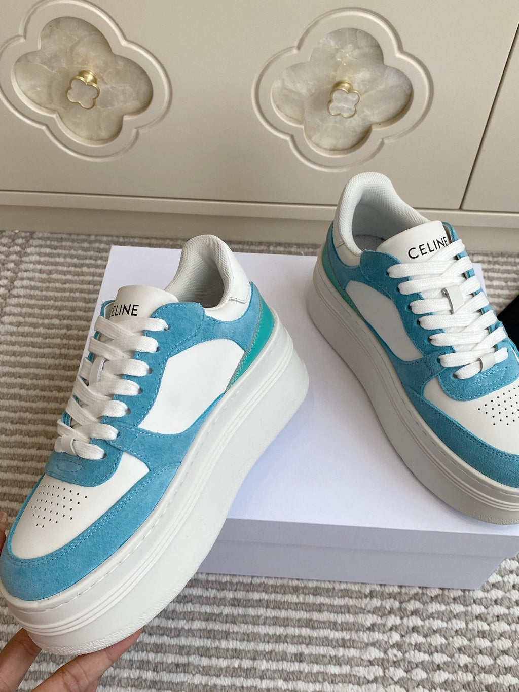 CELINE 26S WEDGE SNEAKERS 50MM IN WHITE CALFSKIN AND SKY BLUE SUEDE