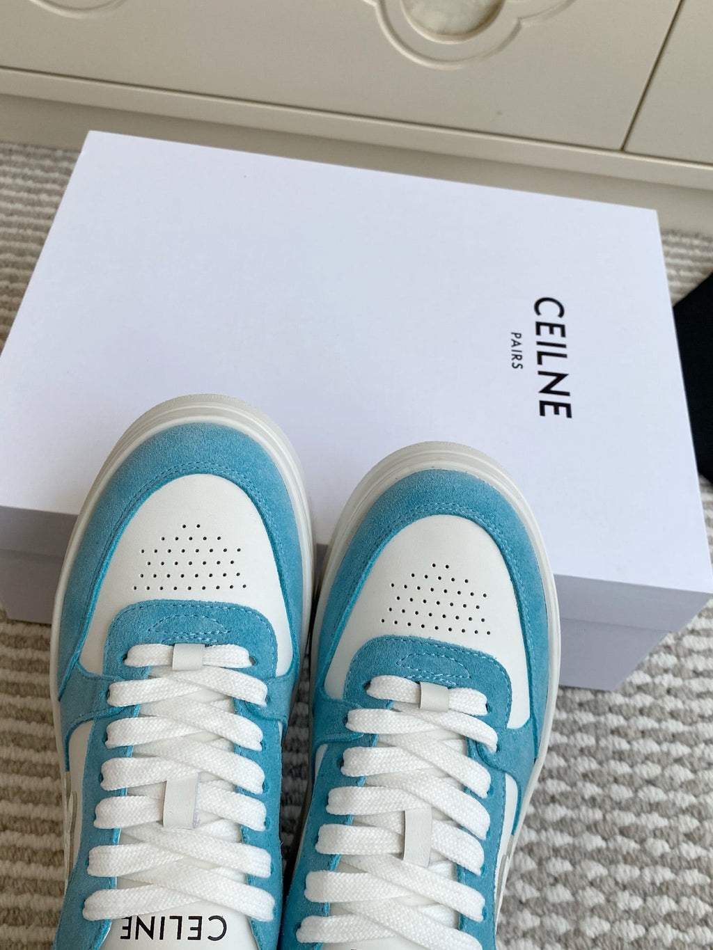 CELINE 26S WEDGE SNEAKERS 50MM IN WHITE CALFSKIN AND SKY BLUE SUEDE