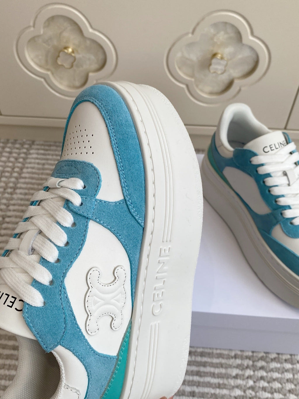 CELINE 26S WEDGE SNEAKERS 50MM IN WHITE CALFSKIN AND SKY BLUE SUEDE