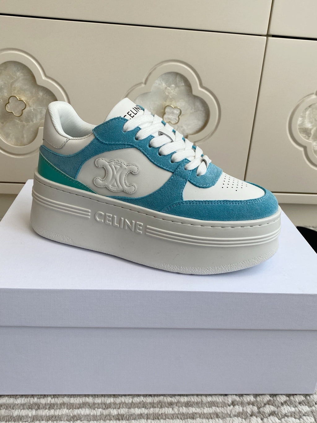 CELINE 26S WEDGE SNEAKERS 50MM IN WHITE CALFSKIN AND SKY BLUE SUEDE