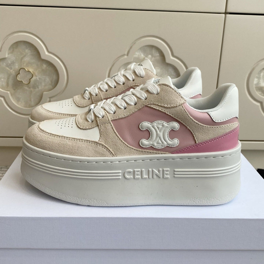 CELINE 26S WEDGE SNEAKERS 50MM IN WHITE PINK CALFSKIN AND BEIGE SUEDE