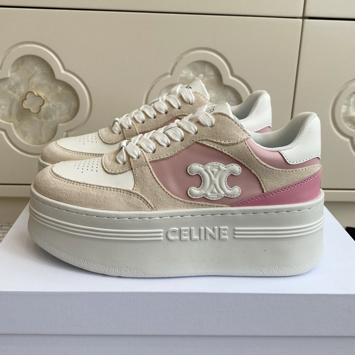 CELINE 26S WEDGE SNEAKERS 50MM IN WHITE PINK CALFSKIN AND BEIGE SUEDE
