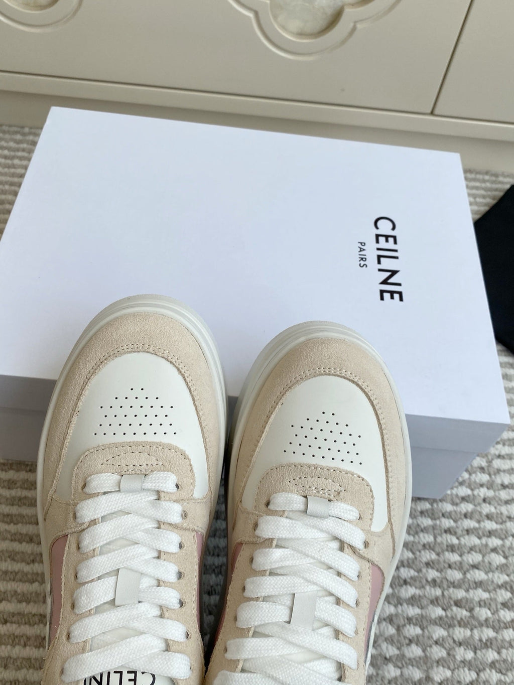 CELINE 26S WEDGE SNEAKERS 50MM IN WHITE PINK CALFSKIN AND BEIGE SUEDE
