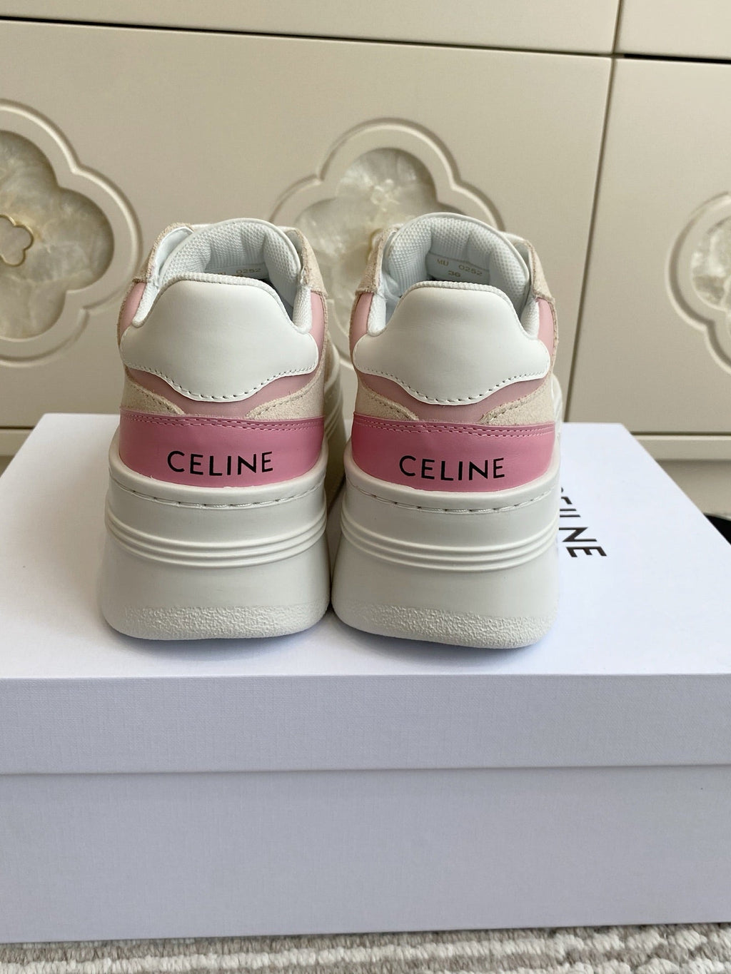 CELINE 26S WEDGE SNEAKERS 50MM IN WHITE PINK CALFSKIN AND BEIGE SUEDE