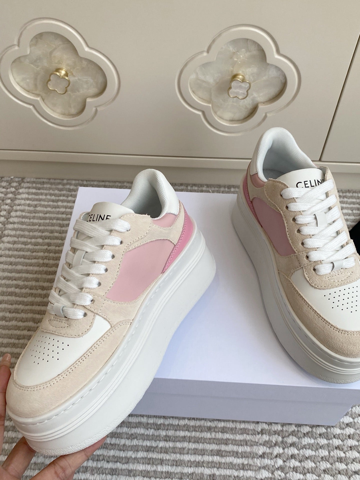 CELINE 26S WEDGE SNEAKERS 50MM IN WHITE PINK CALFSKIN AND BEIGE SUEDE