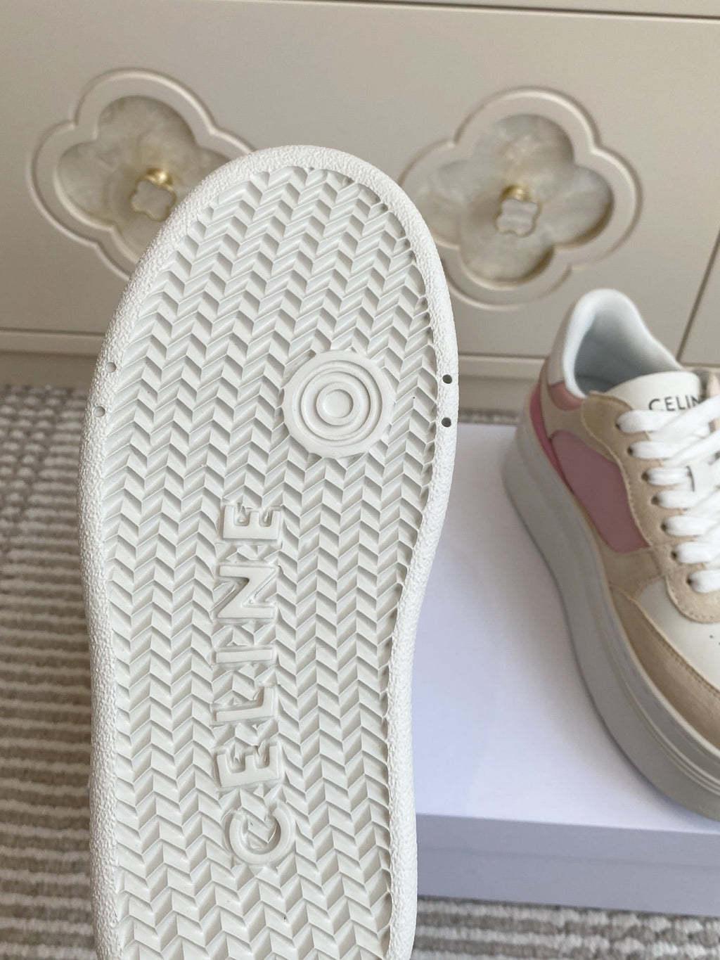 CELINE 26S WEDGE SNEAKERS 50MM IN WHITE PINK CALFSKIN AND BEIGE SUEDE