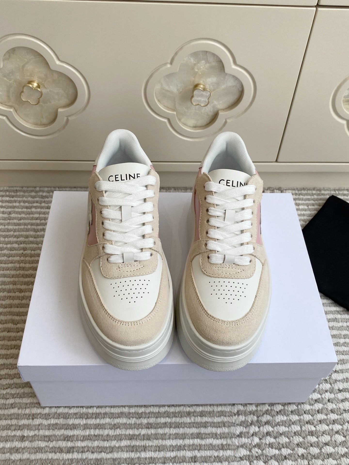 CELINE 26S WEDGE SNEAKERS 50MM IN WHITE PINK CALFSKIN AND BEIGE SUEDE