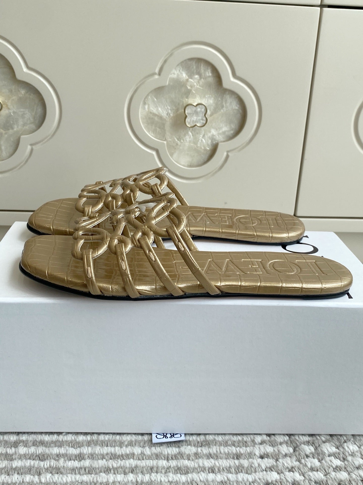 LOEWE 26S SLIDE SANDALS IN GOLD CROC-EMBOSSED CALFSKIN