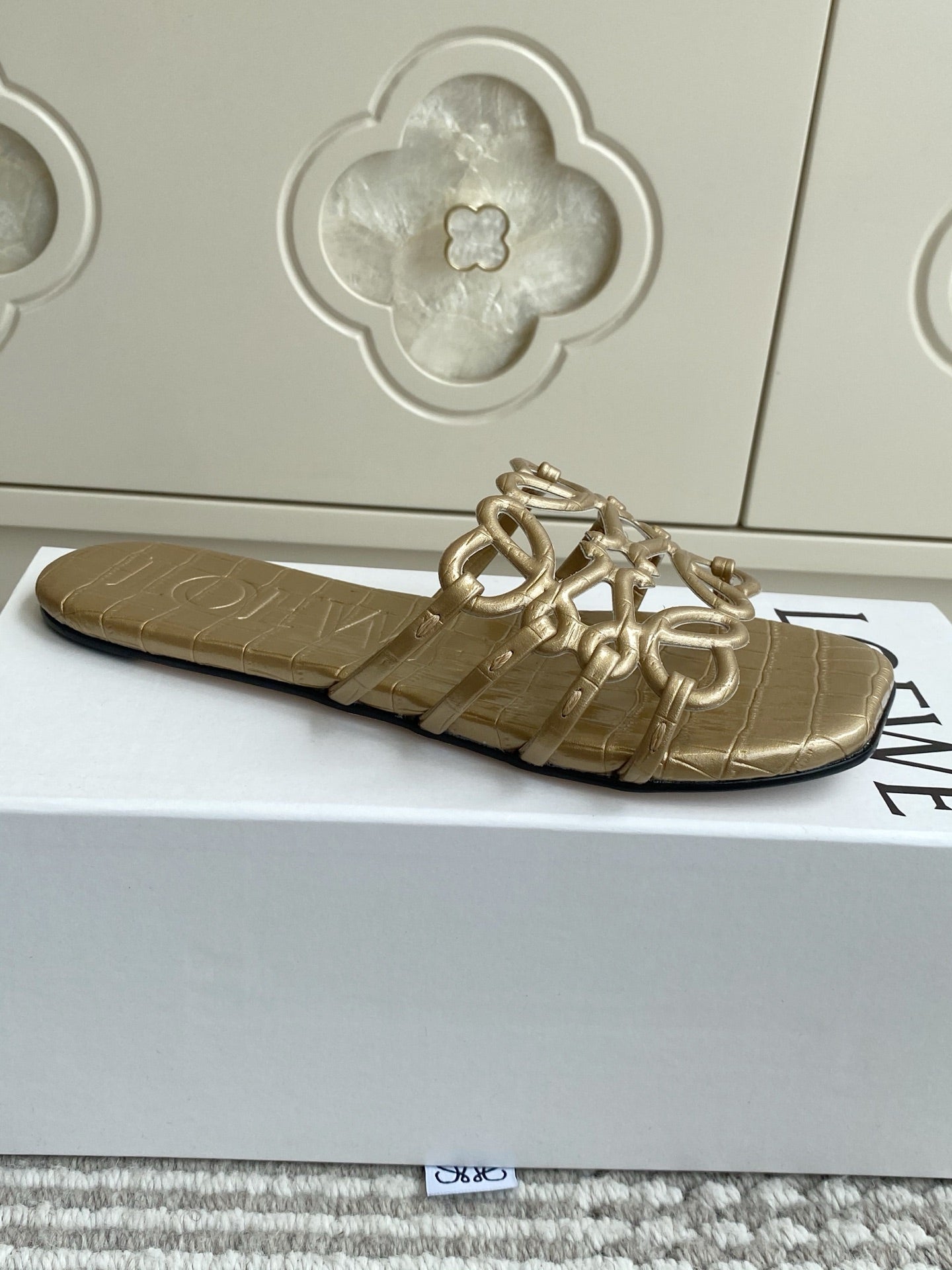 LOEWE 26S SLIDE SANDALS IN GOLD CROC-EMBOSSED CALFSKIN