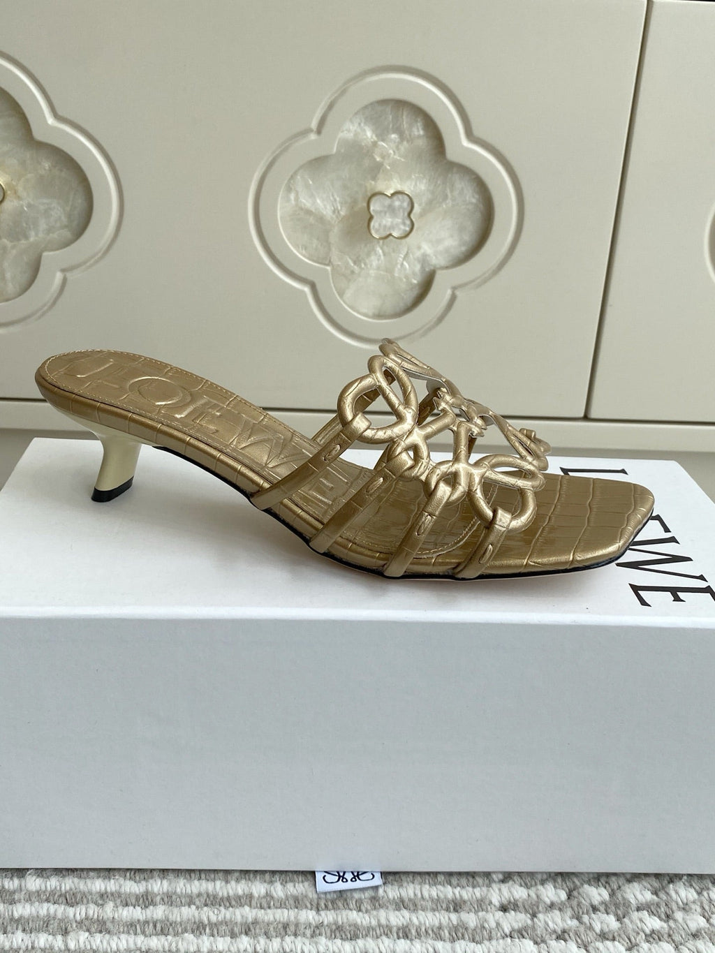 LOEWE 26S HIGH HEEL SANDALS 45MM IN GOLD CROC-EMBOSSED CALFSKIN