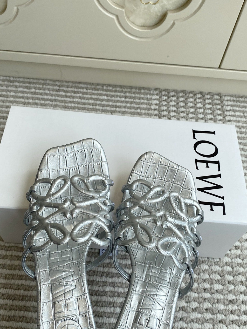 LOEWE 26S HIGH HEEL SANDALS 45MM IN SILVER CROC-EMBOSSED CALFSKIN