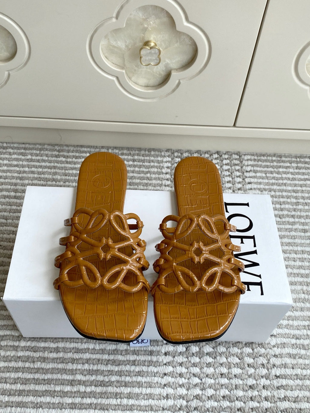 LOEWE 26S SLIDE SANDALS IN CARAMEL BROWN CROC-EMBOSSED PATENT CALFSKIN