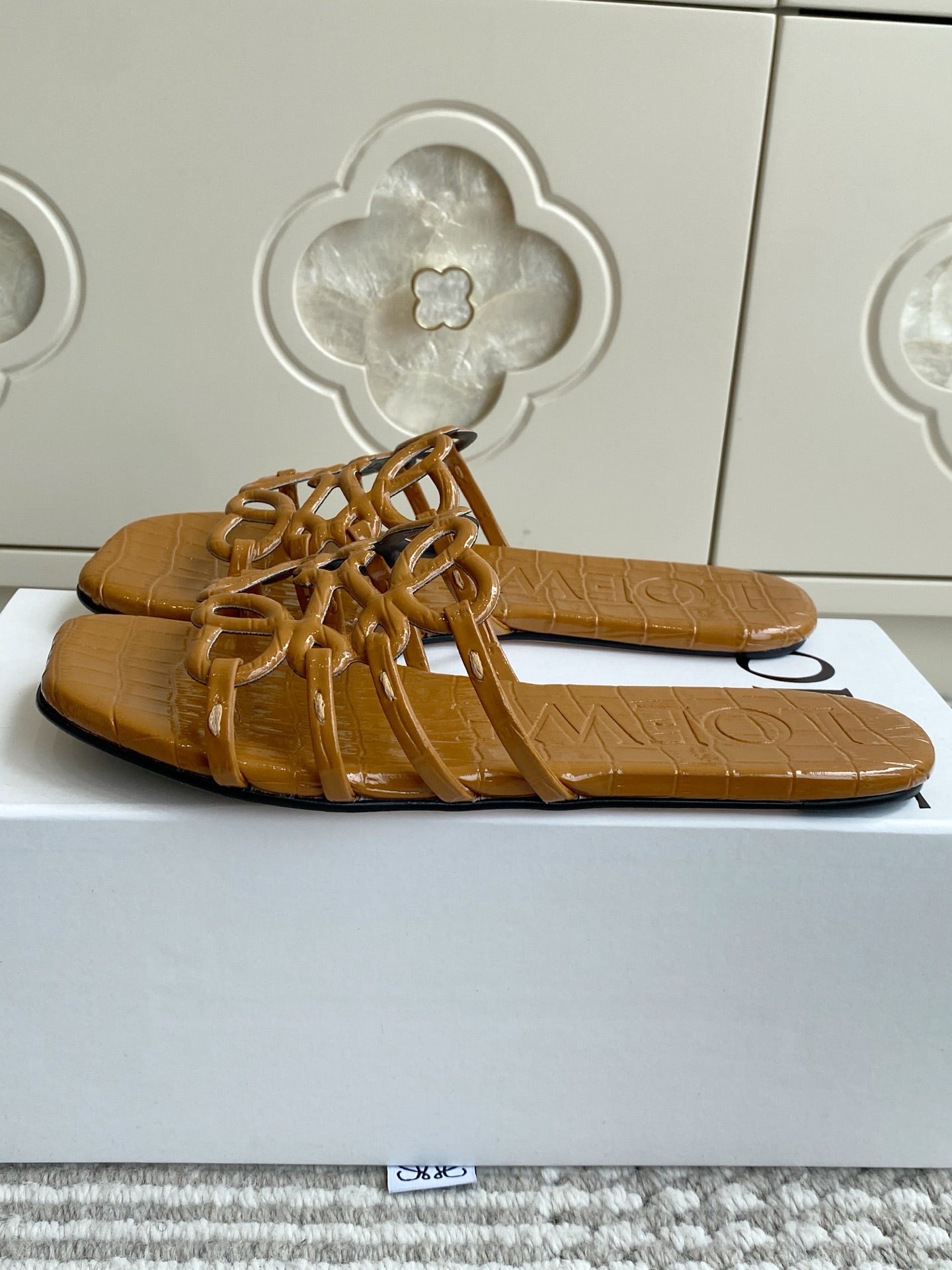 LOEWE 26S SLIDE SANDALS IN CARAMEL BROWN CROC-EMBOSSED PATENT CALFSKIN