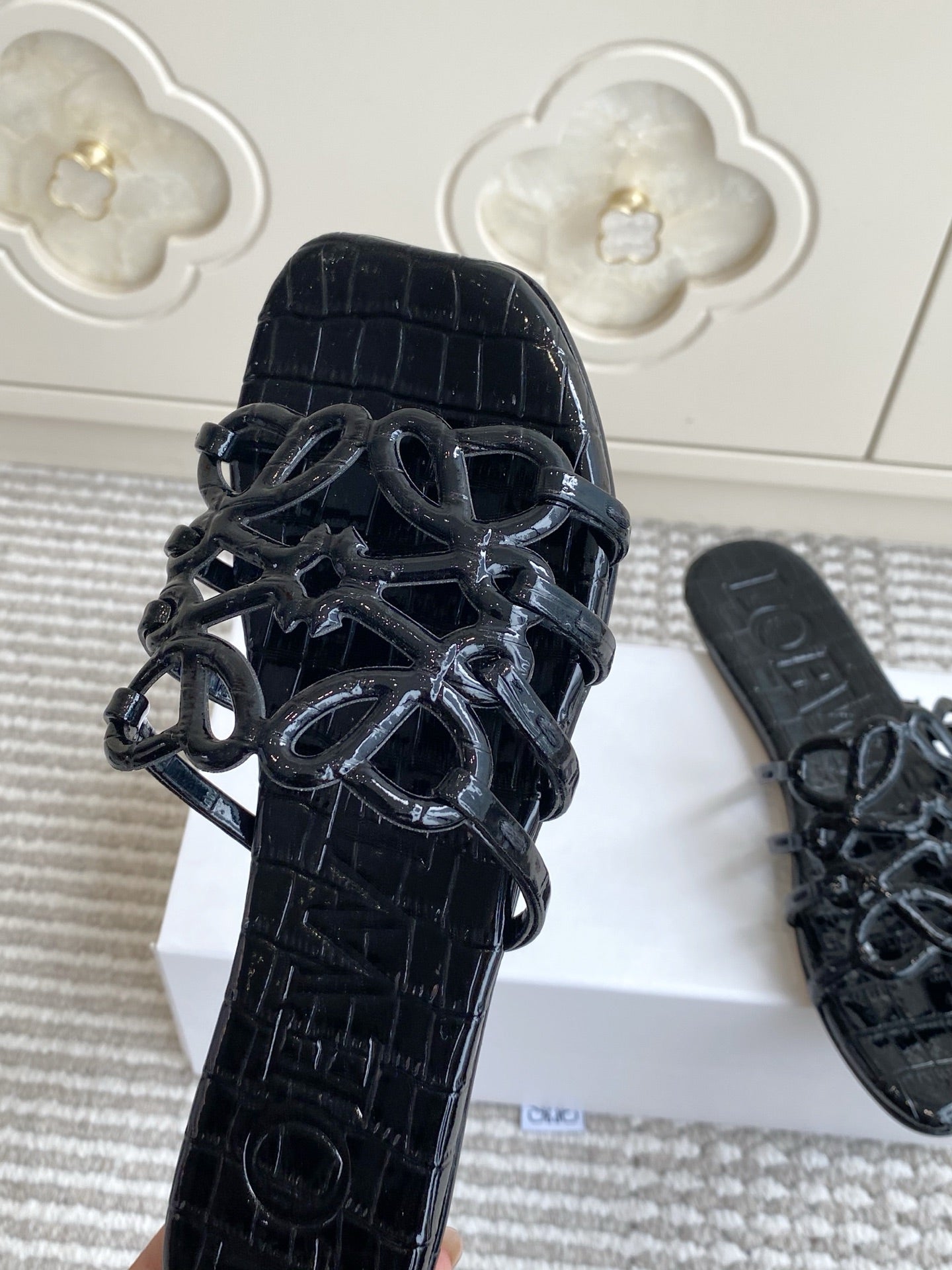 LOEWE 26S SLIDE SANDALS IN BLACK CROC-EMBOSSED PATENT CALFSKIN