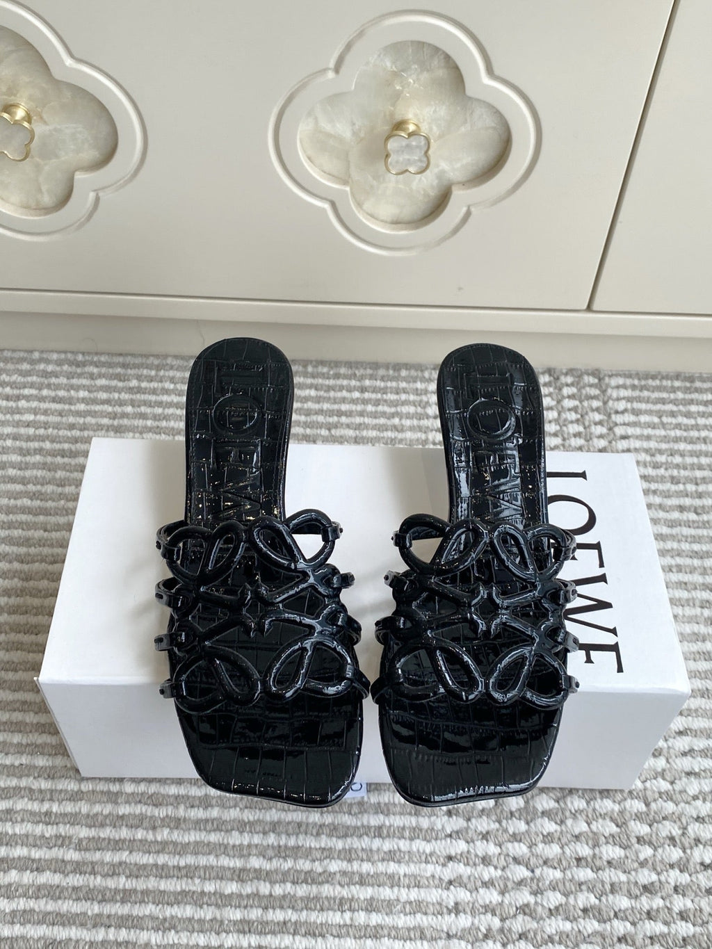LOEWE 26S HIGH HEEL SANDALS 45MM IN BLACK CROC-EMBOSSED PATENT CALFSKIN