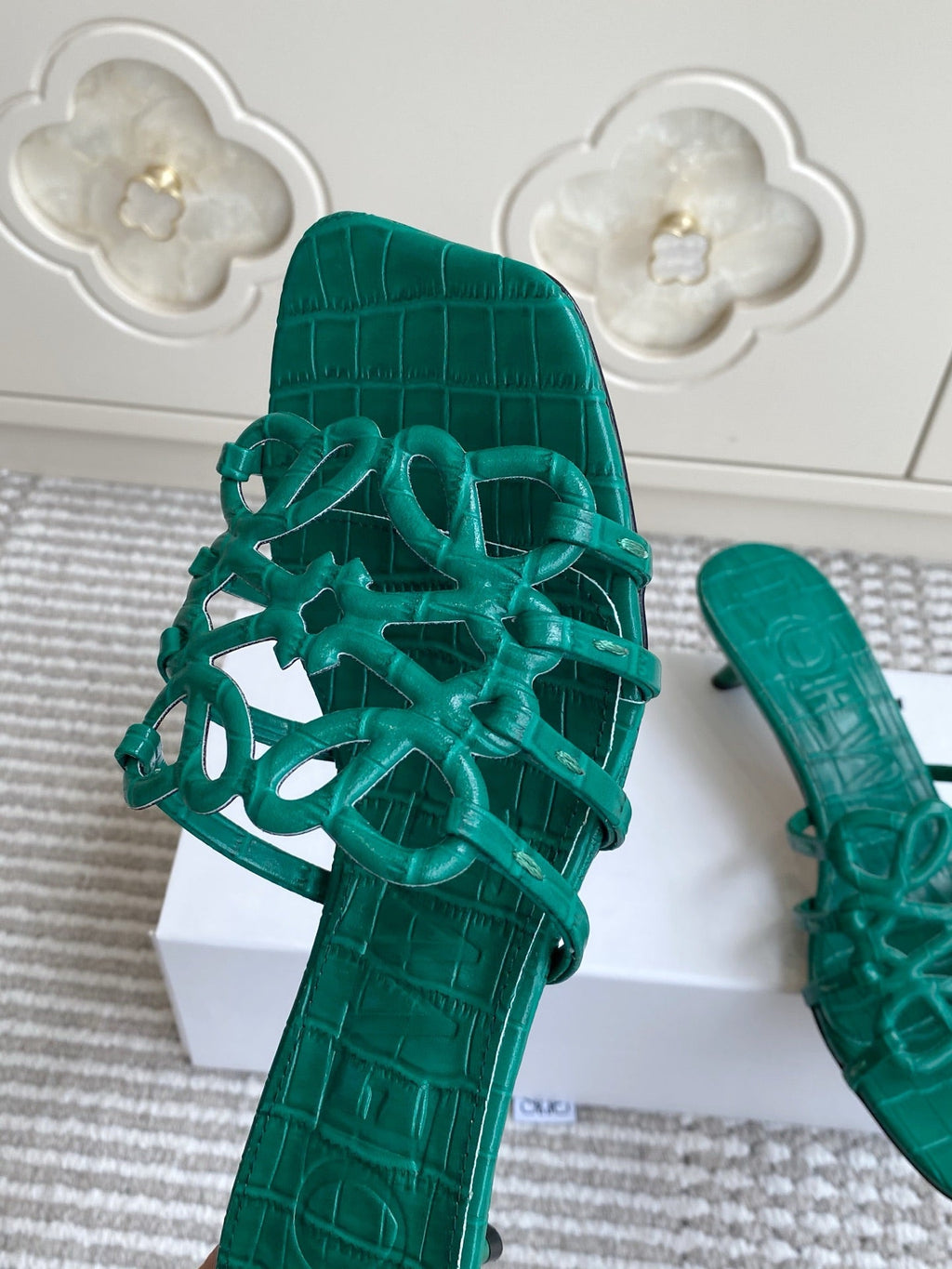 LOEWE 26S HIGH HEEL SANDALS 45MM IN GREEN CROC-EMBOSSED CALFSKIN