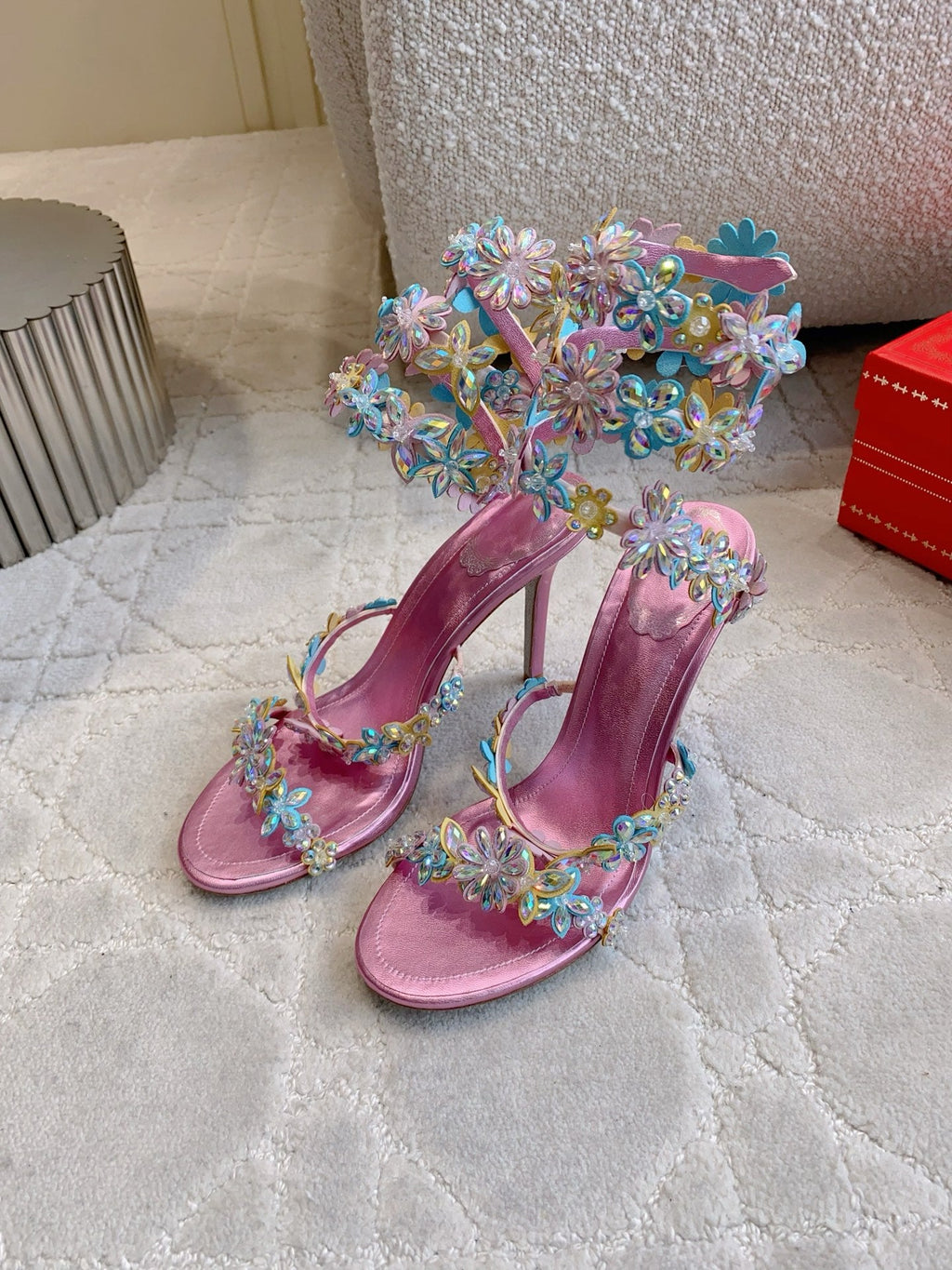 RENE CAOVILLA 26S HEEL SANDALS 95 MM IN METALLIC PINK LAMBSKIN CRYSTAL FLOWER EMBELLISHMENTS