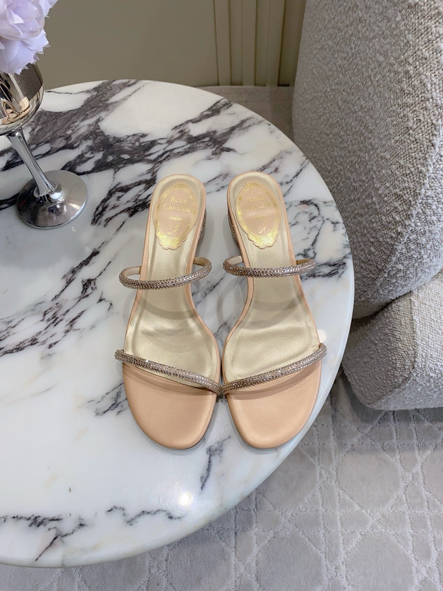 RENE CAOVILLA 26S HIGH-HEELED SANDALS 45 MM IN BEIGE LAMBSKIN