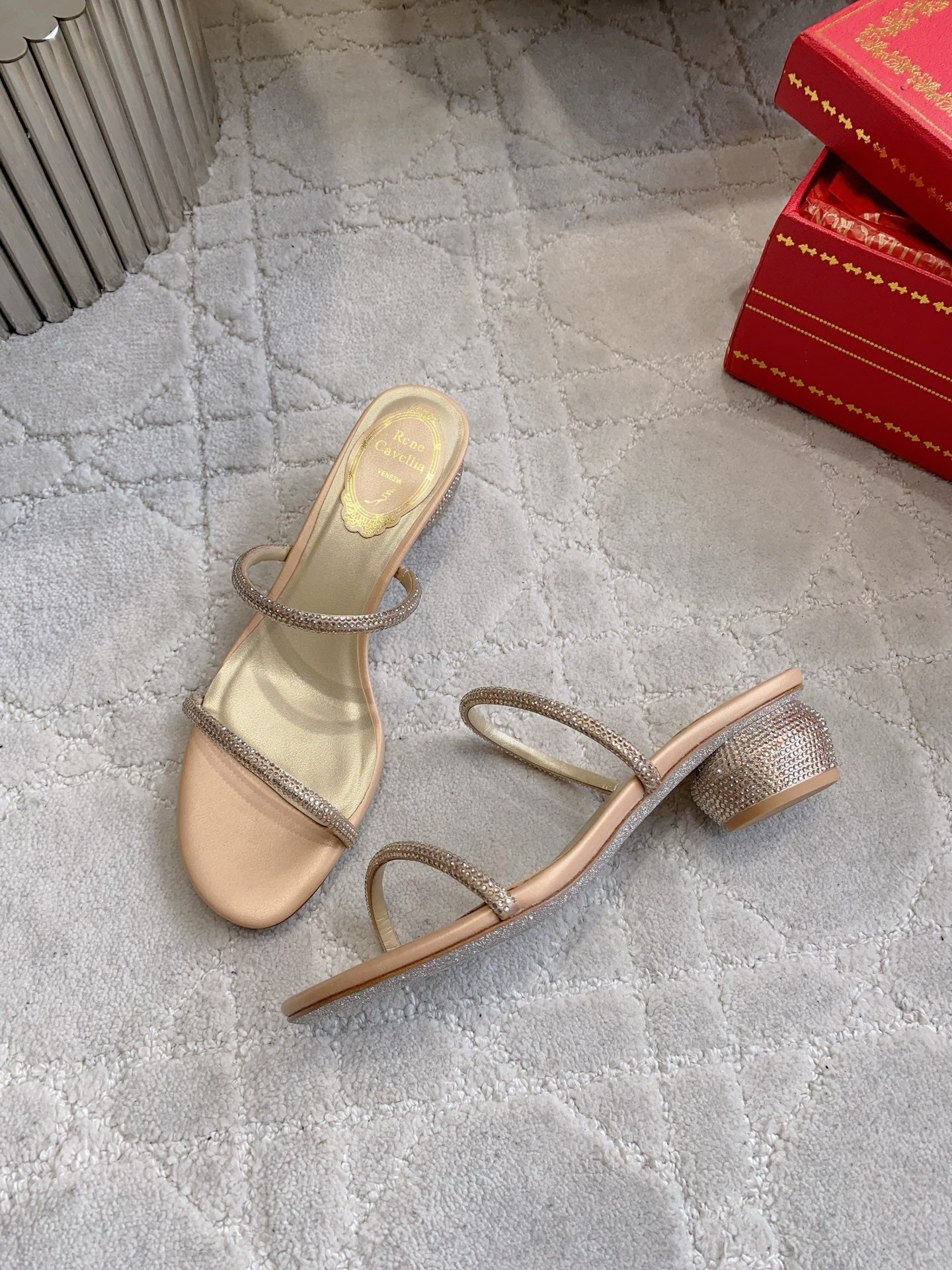 RENE CAOVILLA 26S HIGH-HEELED SANDALS 45 MM IN BEIGE LAMBSKIN