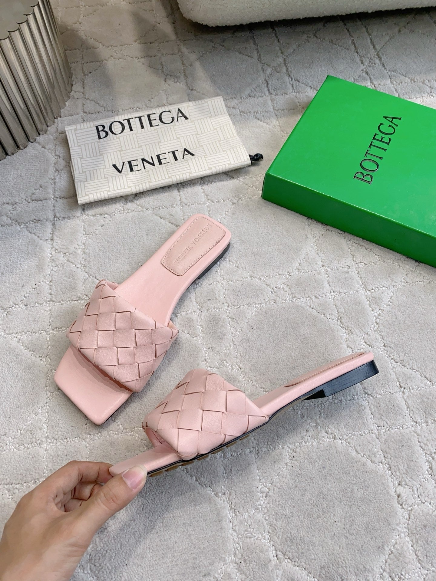 BOTTEGA VENETA 26S SQUARE-TOE SLIDE SANDALS IN PASTEL PINK LAMBSKIN