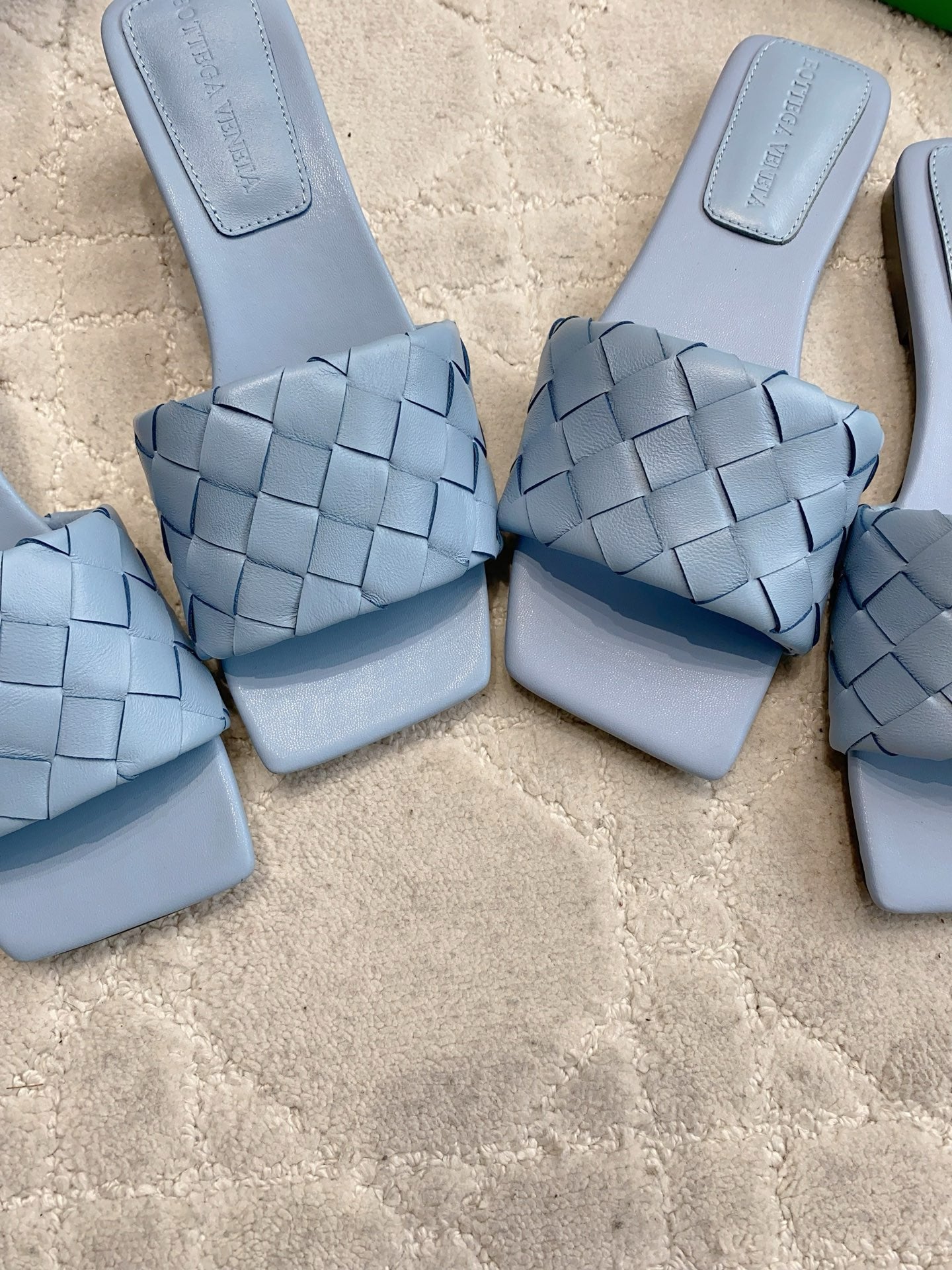 BOTTEGA VENETA 26S SQUARE-TOE SLIDE SANDALS IN BLUE LAMBSKIN