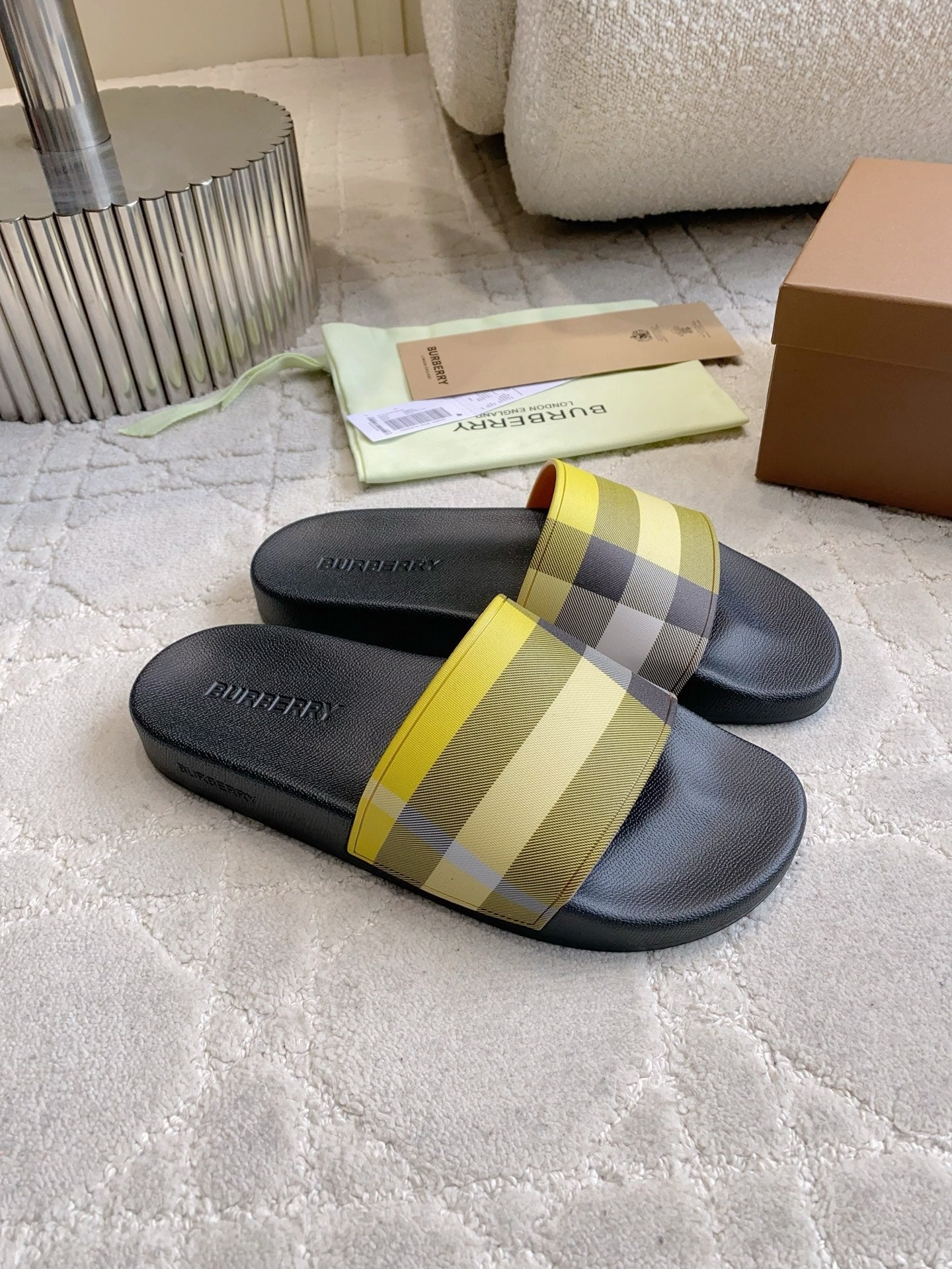 BURBERRY 26S CHECK RUBBER SLIDES IN LIME YELLOW CHECK CALFSKIN