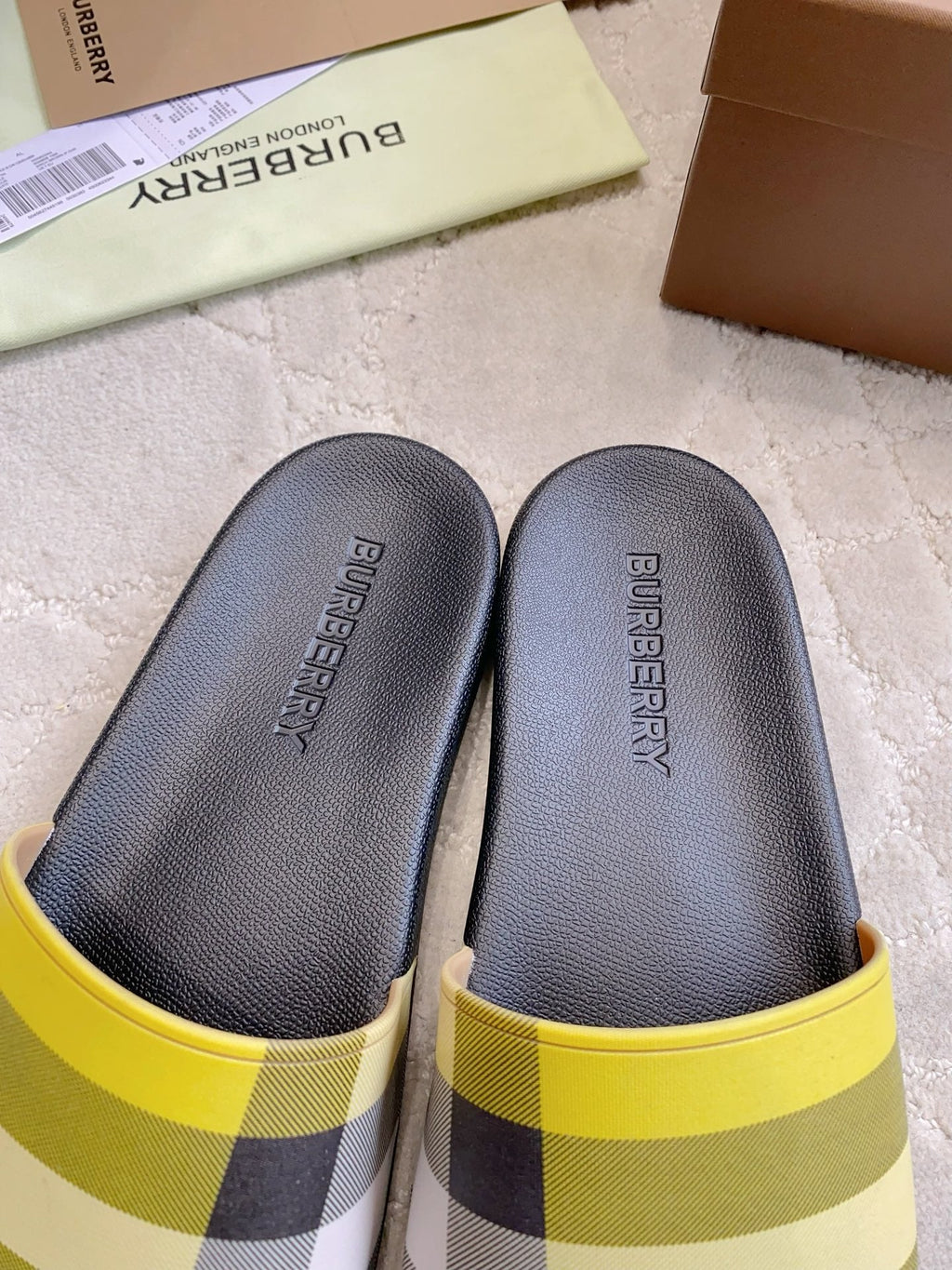 BURBERRY 26S CHECK RUBBER SLIDES IN LIME YELLOW CHECK CALFSKIN