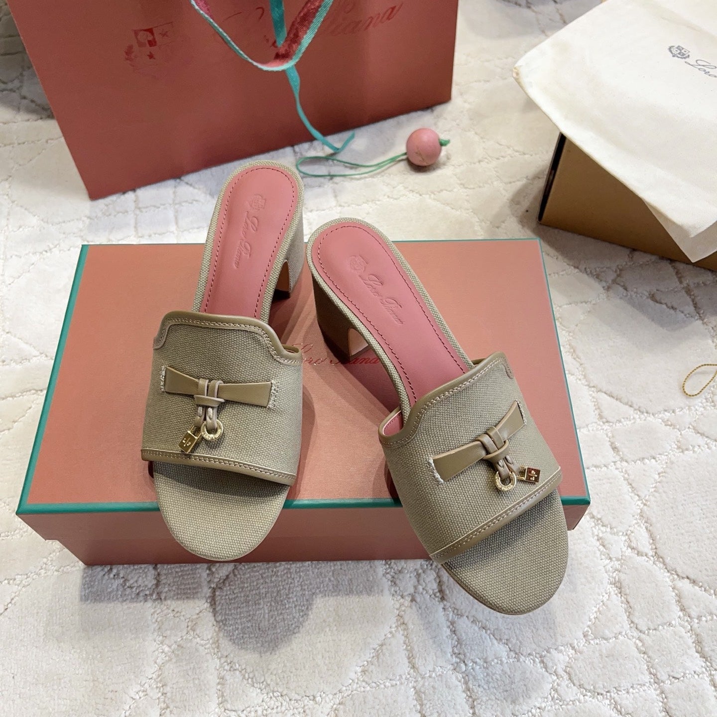 LP 26S HIGH HEEL SANDALS IN SAGE GREEN CANVAS AND CALFSKIN