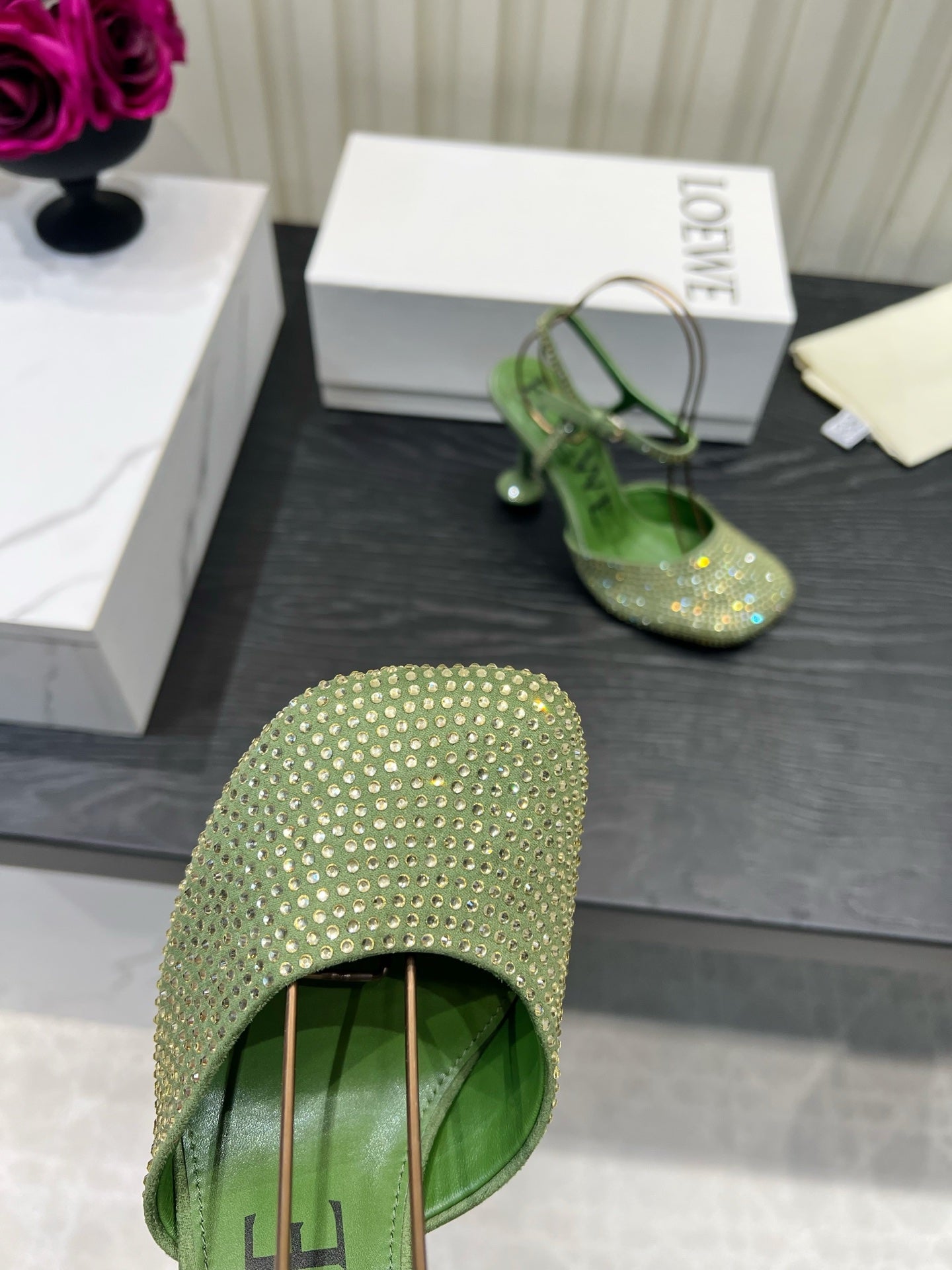LOEWE 26S EMBELLISHED HIGH HEELS 60 MM IN GREEN CALFSKIN
