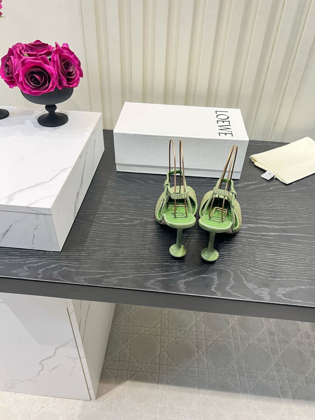 LOEWE 26S EMBELLISHED HIGH HEELS 60 MM IN GREEN CALFSKIN