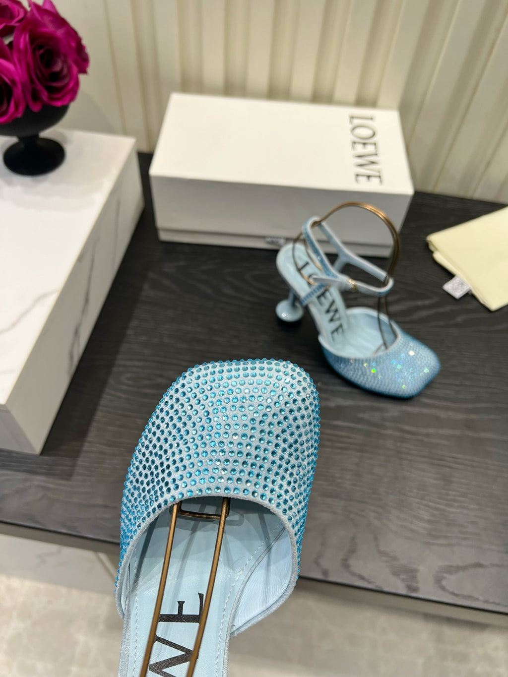 LOEWE 26S EMBELLISHED HIGH HEELS 60 MM IN LIGHT BLUE CALFSKIN