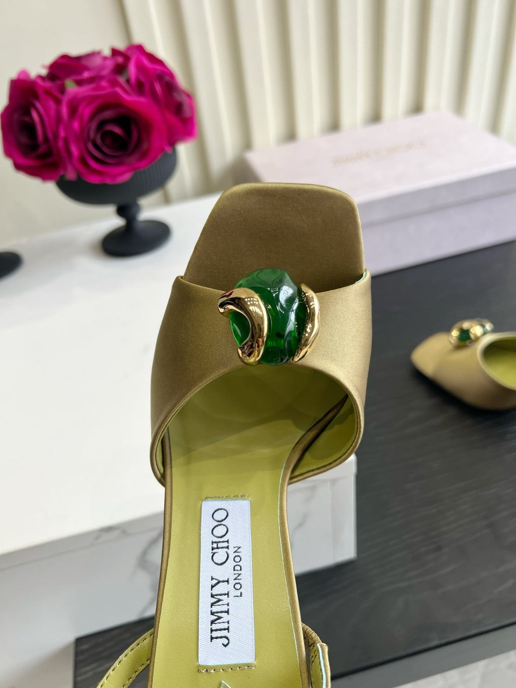 JIMMY CHOO 26S HIGH-HEEL SANDALS 100 MM IN OLIVE GREEN SATIN AND CALFSKIN