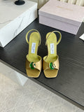 JIMMY CHOO 26S HIGH-HEEL SANDALS 100 MM IN OLIVE GREEN SATIN AND CALFSKIN