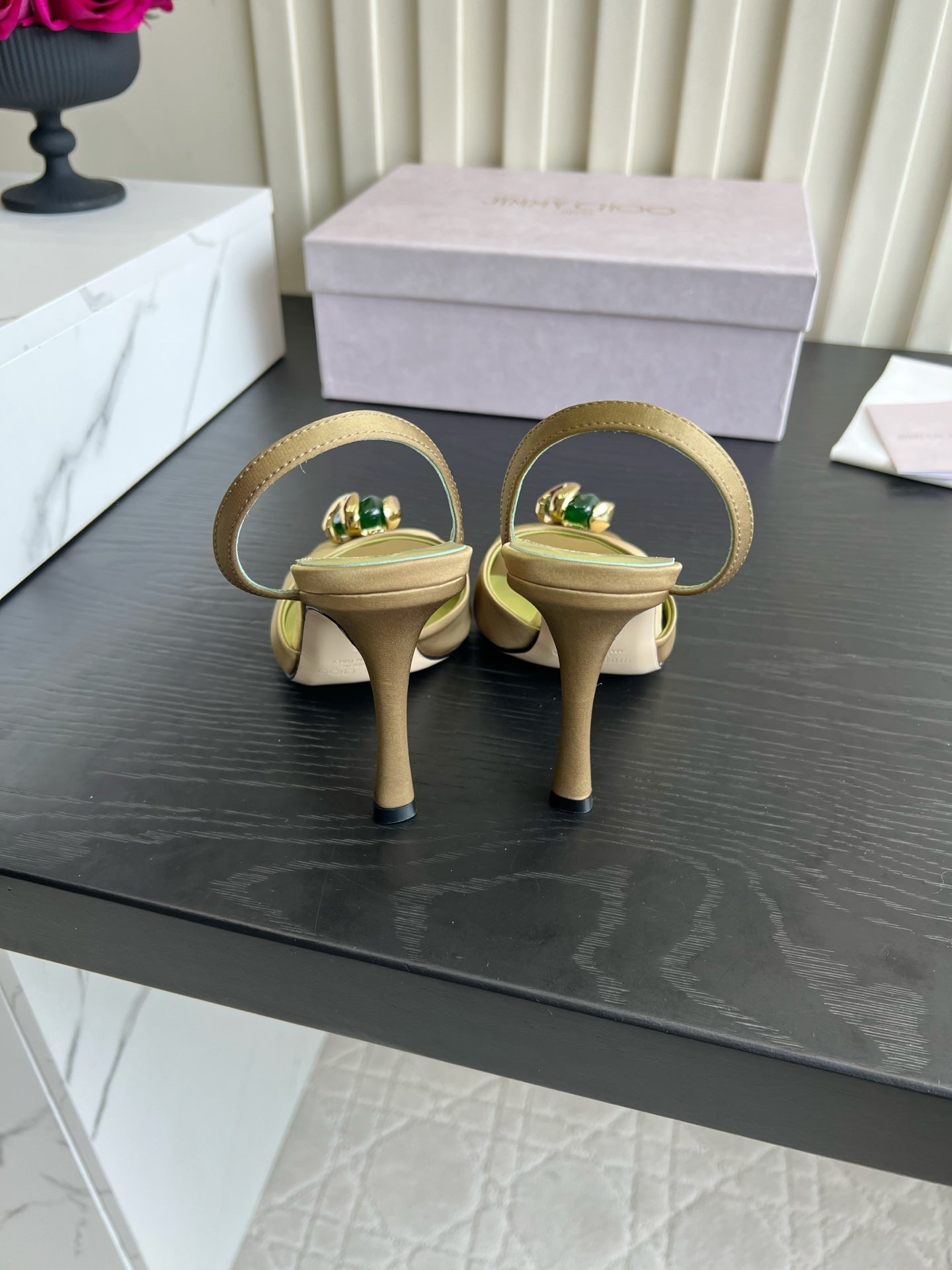 JIMMY CHOO 26S HIGH-HEEL SANDALS 100 MM IN OLIVE GREEN SATIN AND CALFSKIN