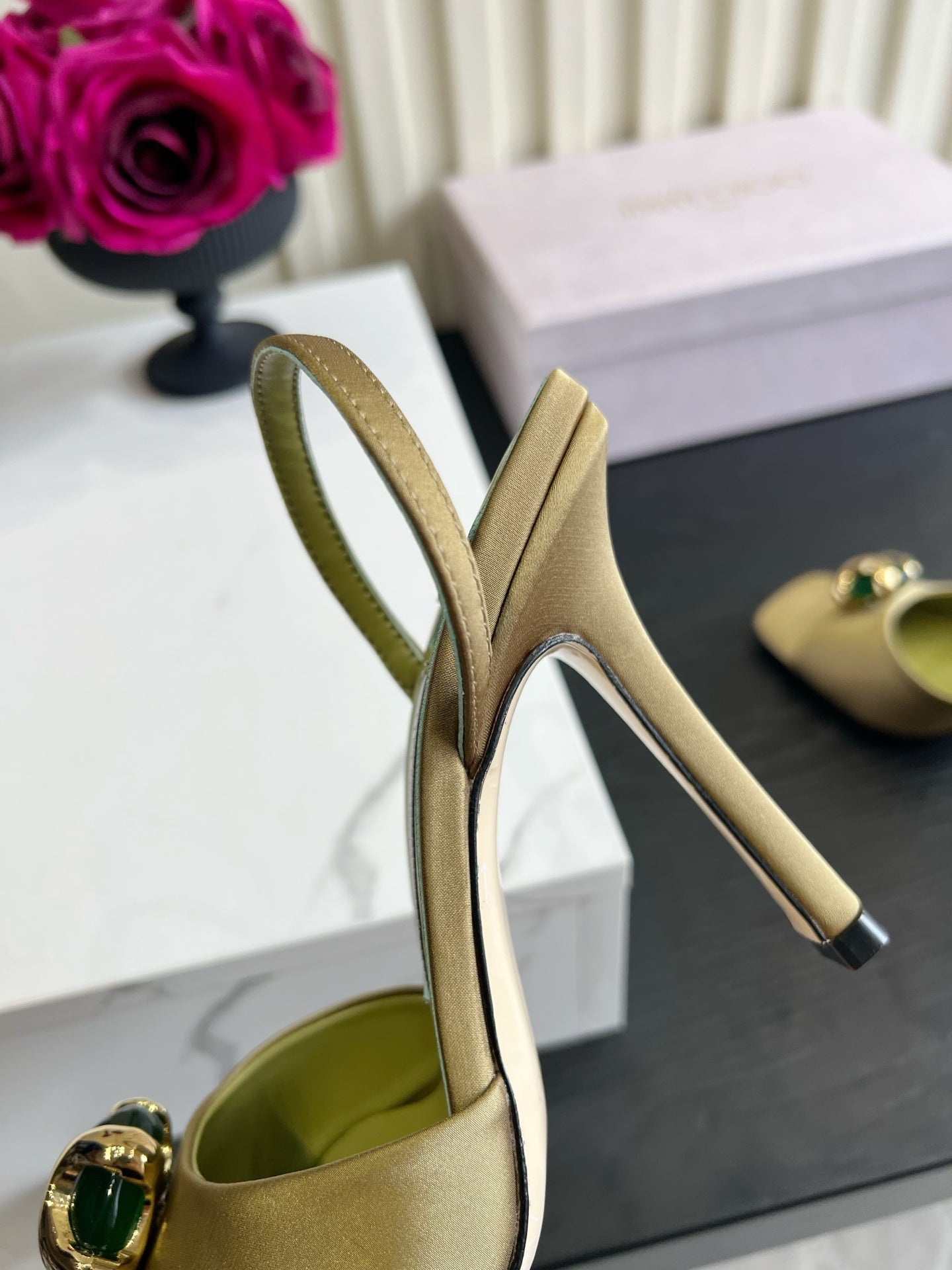 JIMMY CHOO 26S HIGH-HEEL SANDALS 100 MM IN OLIVE GREEN SATIN AND CALFSKIN