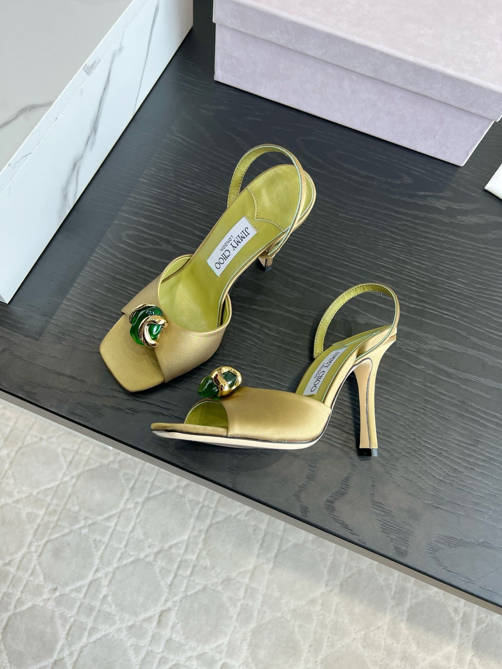 JIMMY CHOO 26S HIGH-HEEL SANDALS 100 MM IN OLIVE GREEN SATIN AND CALFSKIN