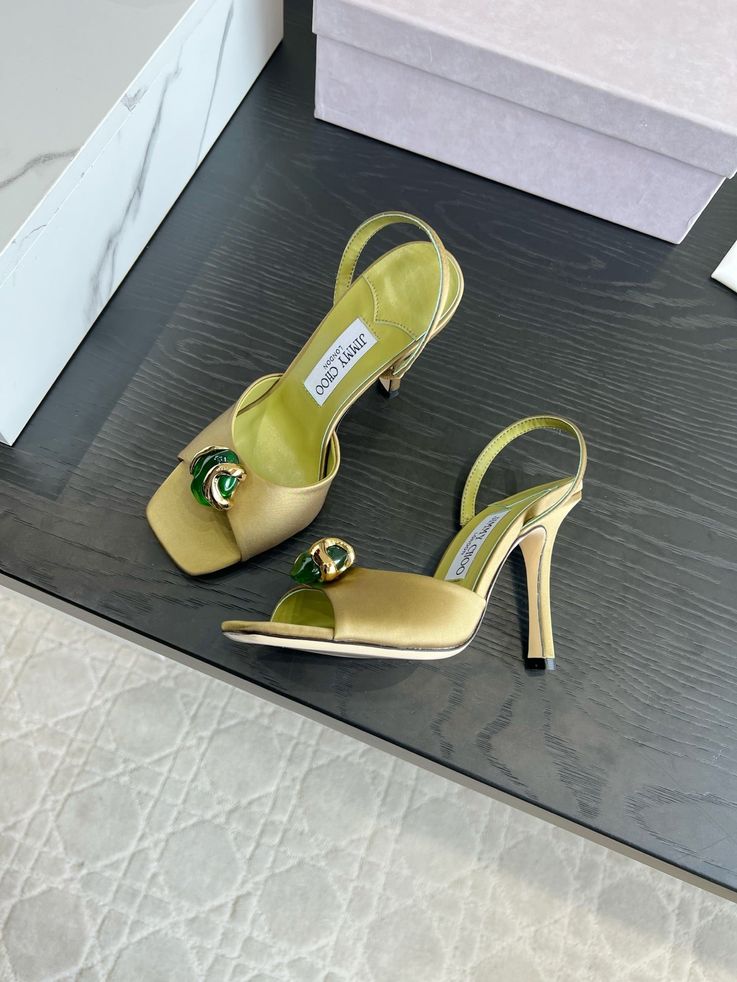 JIMMY CHOO 26S HIGH-HEEL SANDALS 100 MM IN OLIVE GREEN SATIN AND CALFSKIN