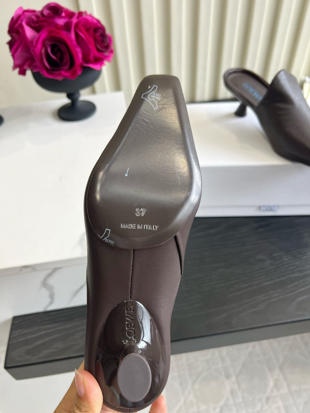 LOEWE 26S HEELED MULES IN DARK BLOWN CALFSKIN