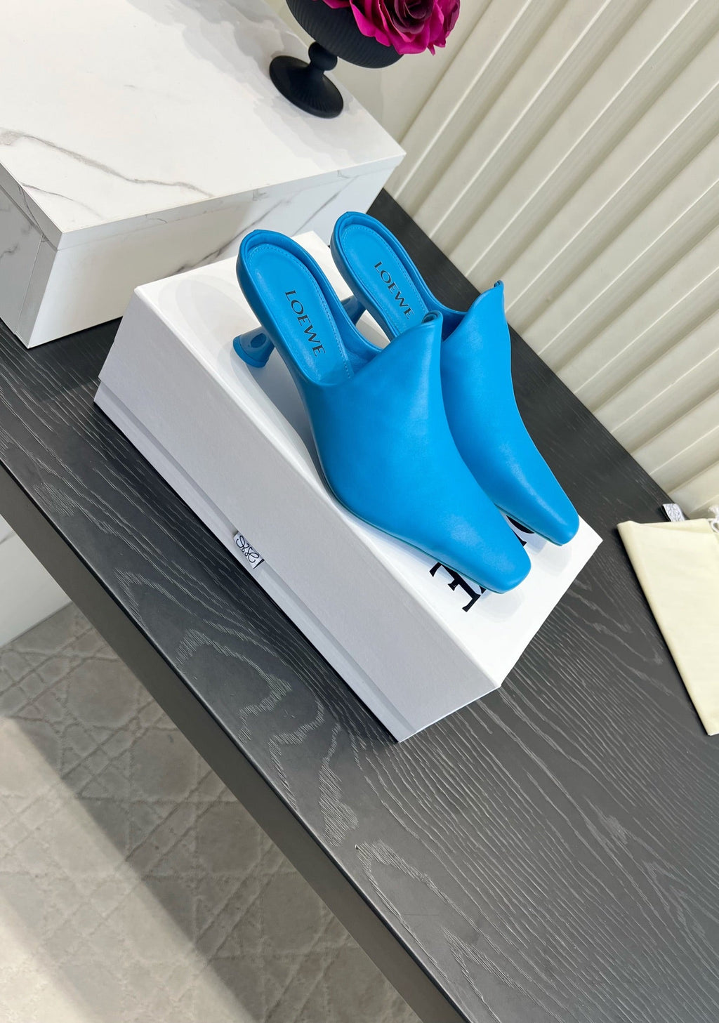 LOEWE 26S HEELED MULES IN BLUE CALFSKIN