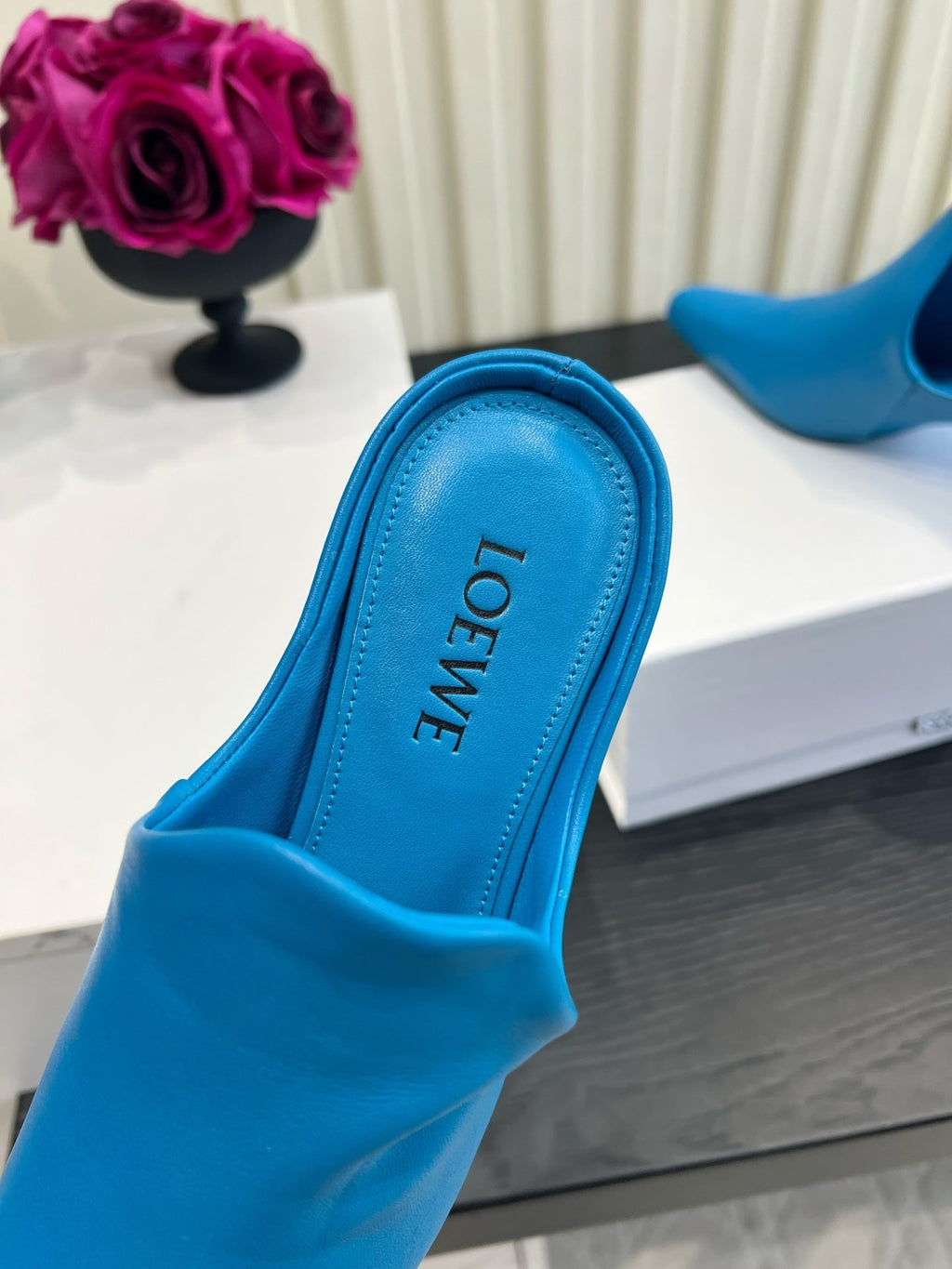 LOEWE 26S HEELED MULES IN BLUE CALFSKIN