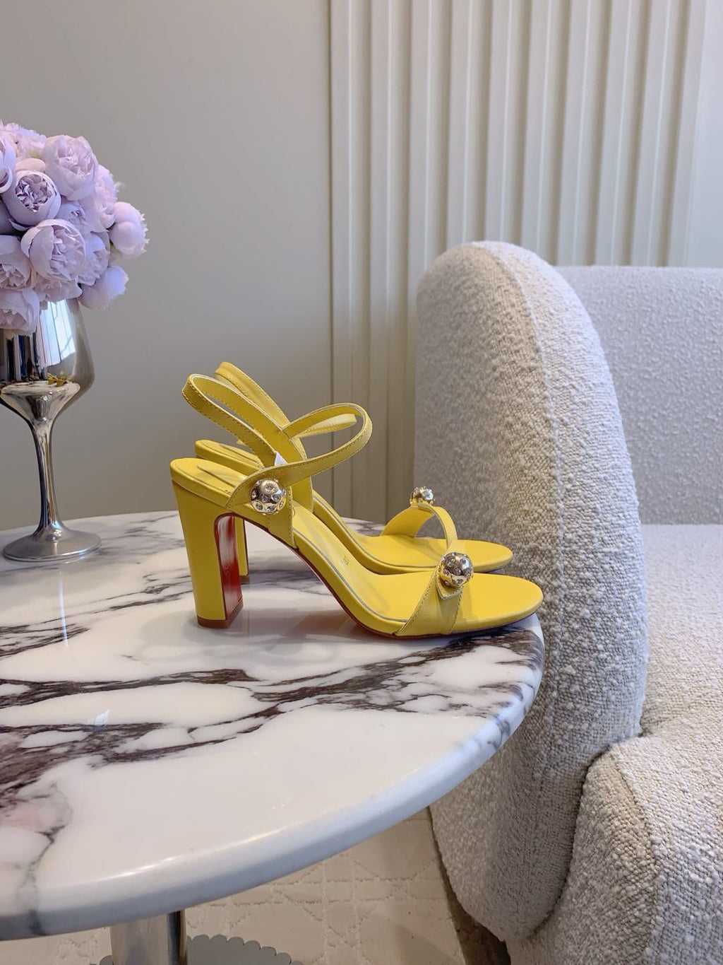MISS JANE SANDAL 90MM IN YELLOW CALFSKIN EMBELLISHED BALL