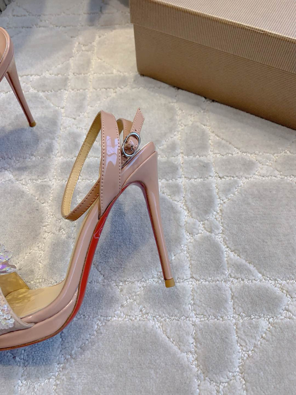 CRYSTAL QUEEN SANDAL 100MM IN NUDE CALFSKIN EMBELLISHED
