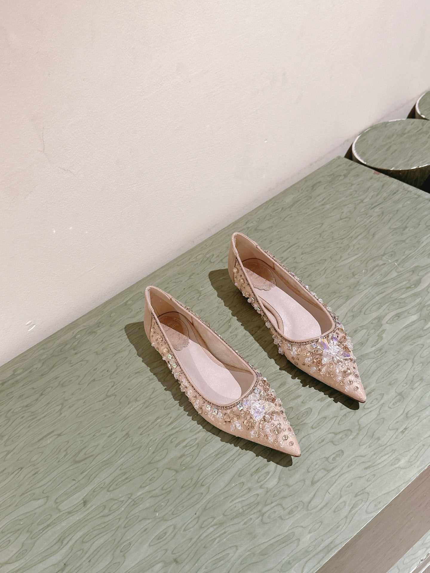 RENE CAOVILLA 26S BALLET FLATS IN BEIGE LACE FABRIC CRYSTAL EMBELLISHED