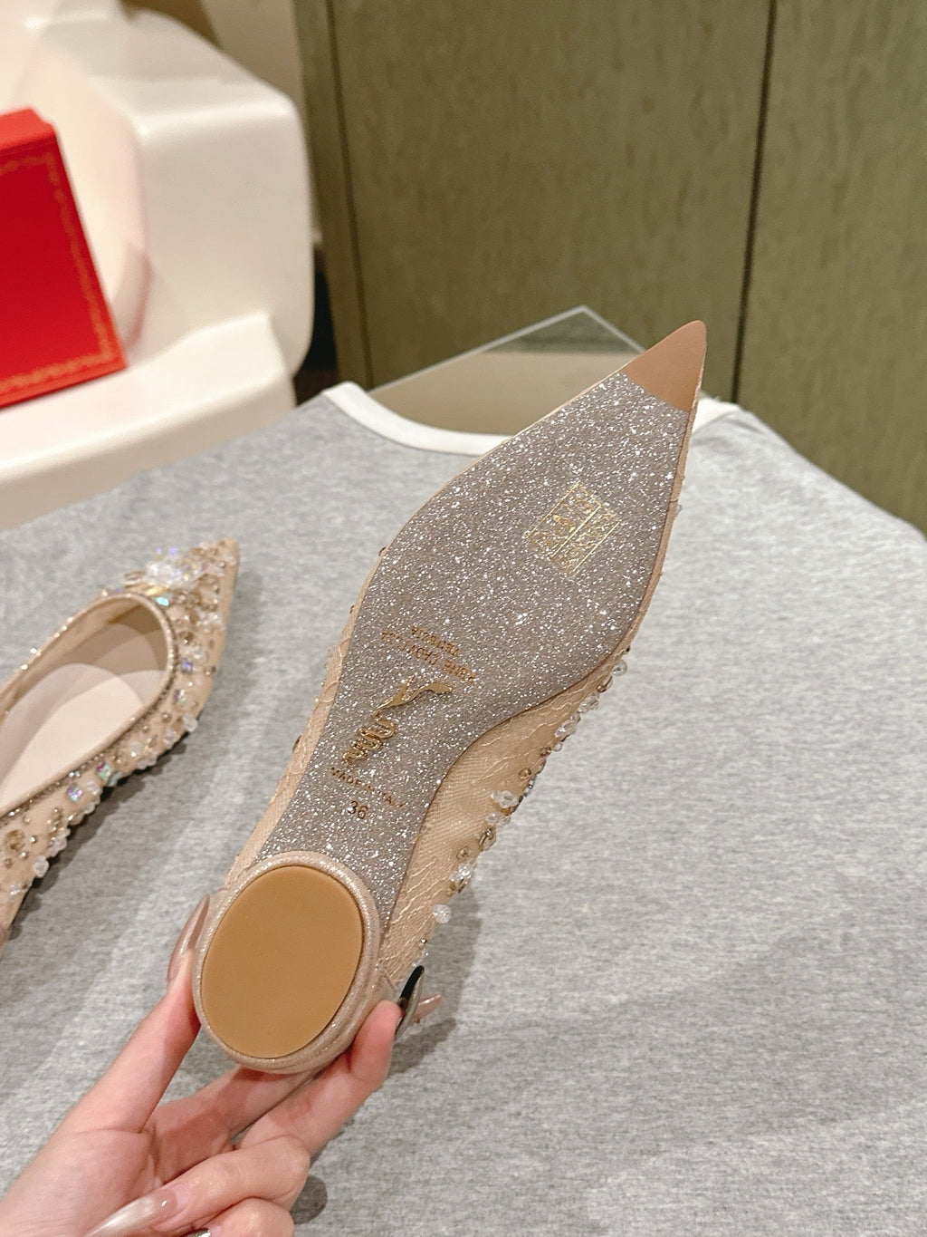 RENE CAOVILLA 26S BALLET FLATS IN BEIGE LACE FABRIC CRYSTAL EMBELLISHED