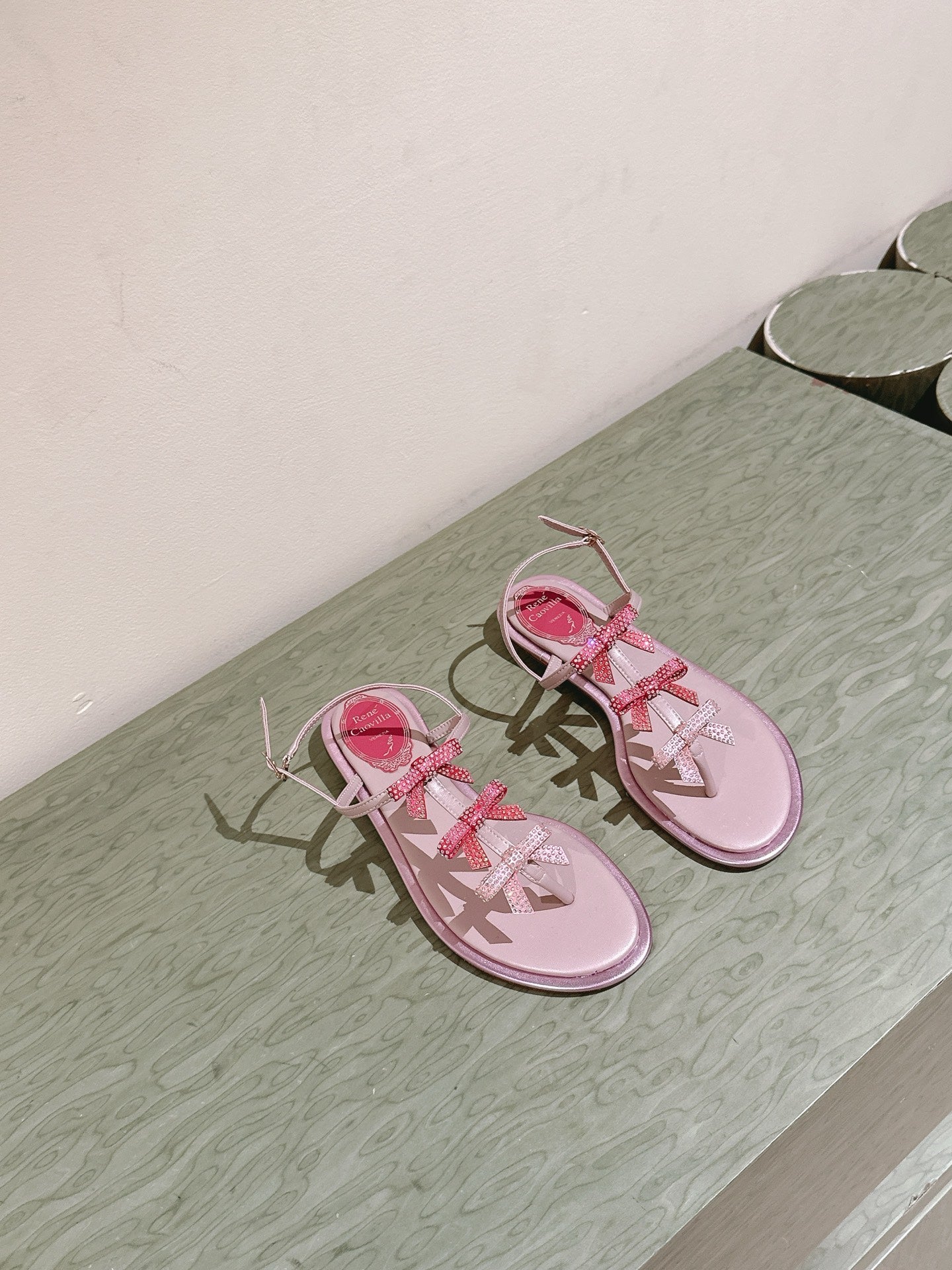 RENE CAOVILLA 26S SANDALS IN LIGHT PINK LAMBSKIN WITH BOW