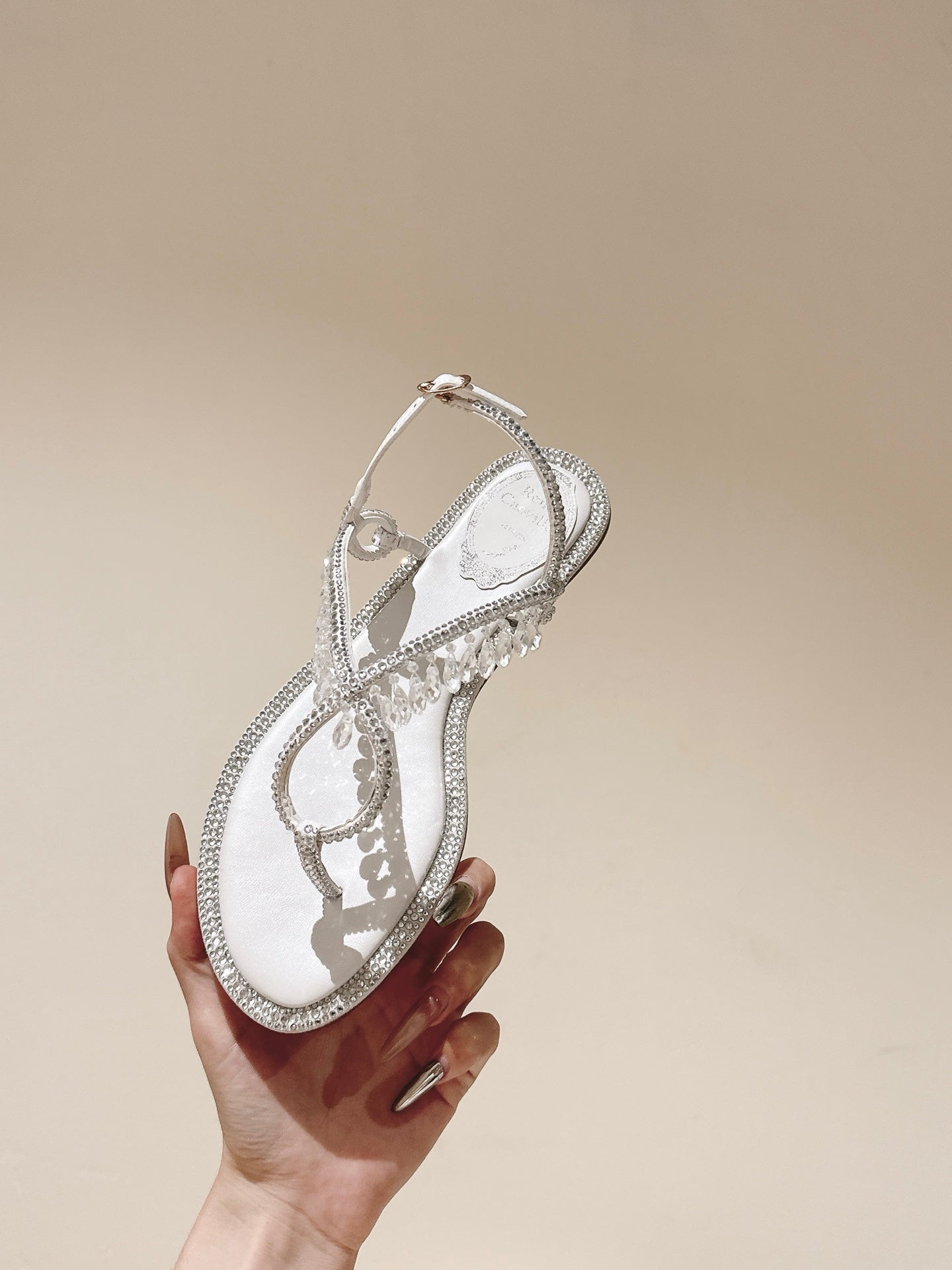 RENE CAOVILLA 26S THONG SANDALS IN WHITE LAMBSKIN CRYSTAL EMBELLISHED STRAP