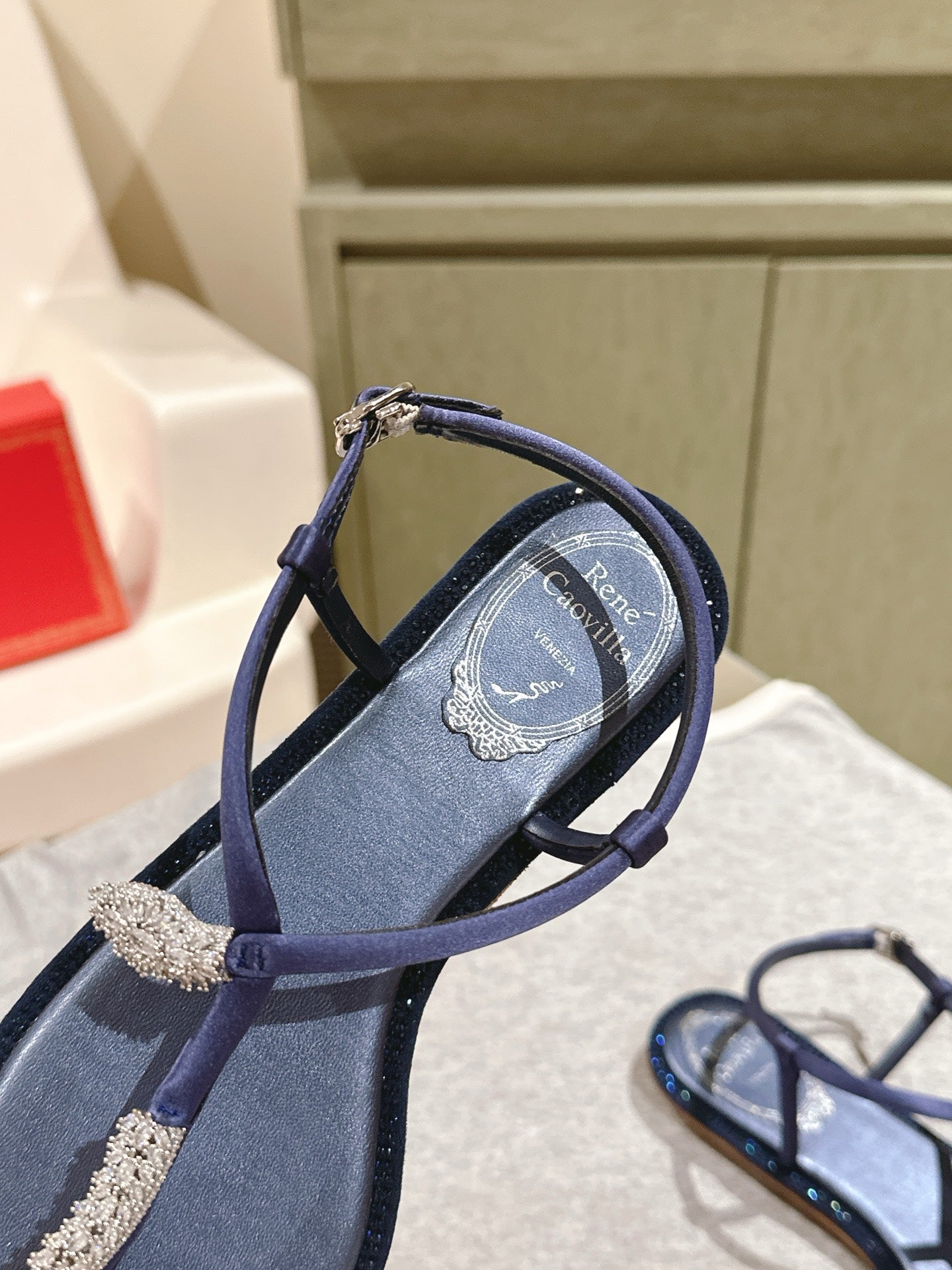 RENE CAOVILLA 26S THONG SANDALS IN NAVY BLUE LAMBSKIN