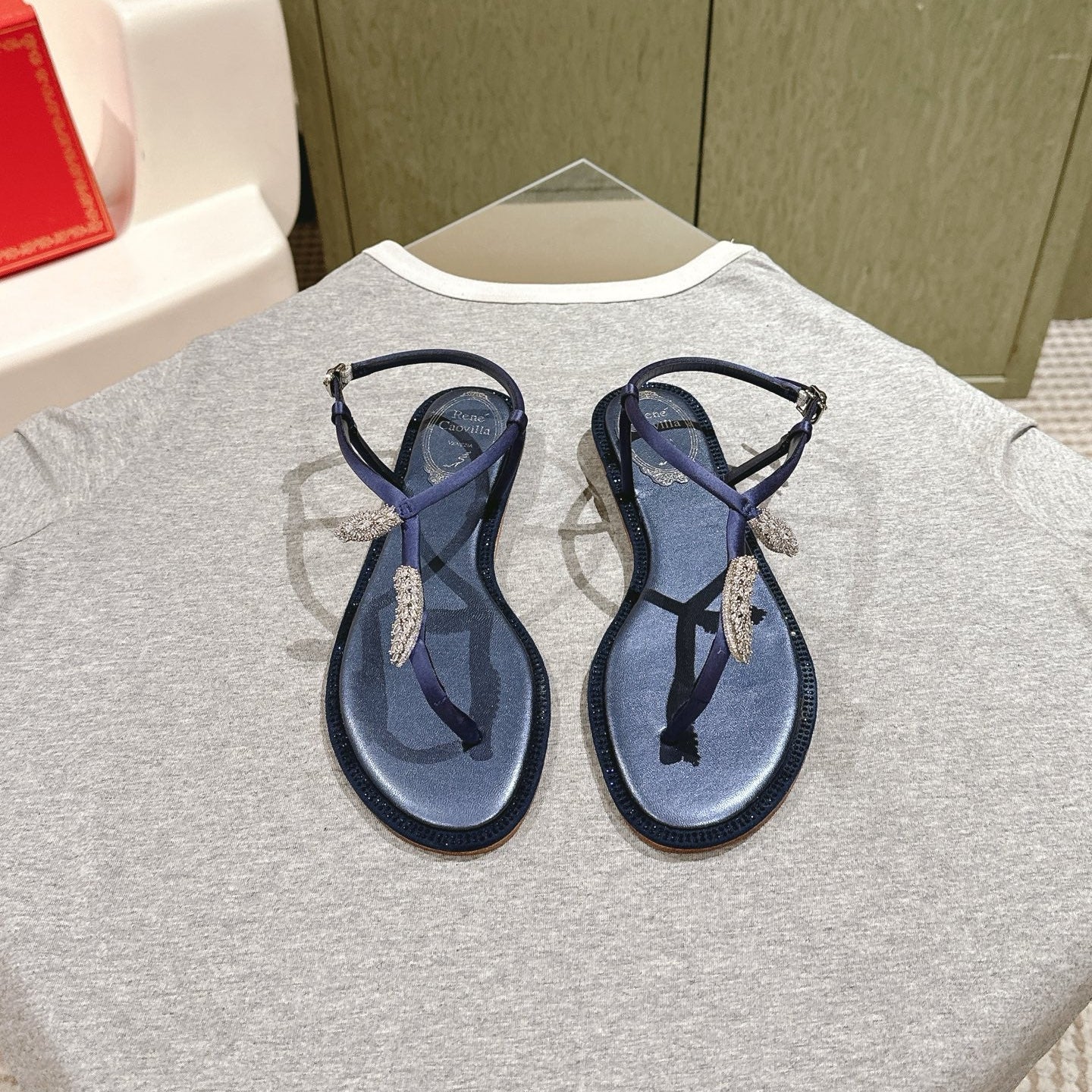 RENE CAOVILLA 26S THONG SANDALS IN NAVY BLUE LAMBSKIN